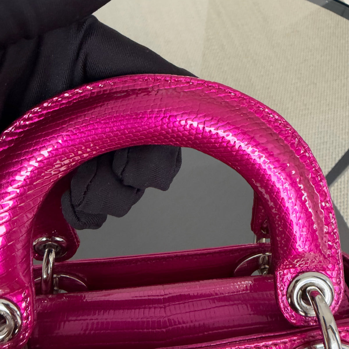 Dior Lady Mini - Exotic Pink Lizard Silver Hardware