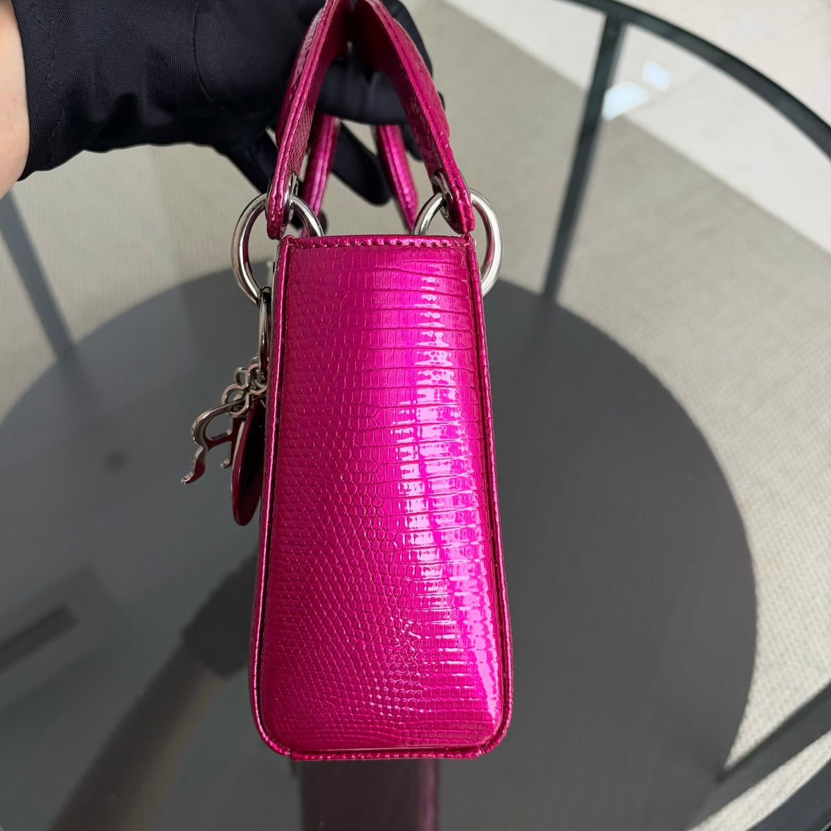Dior Lady Mini - Exotic Pink Lizard Silver Hardware