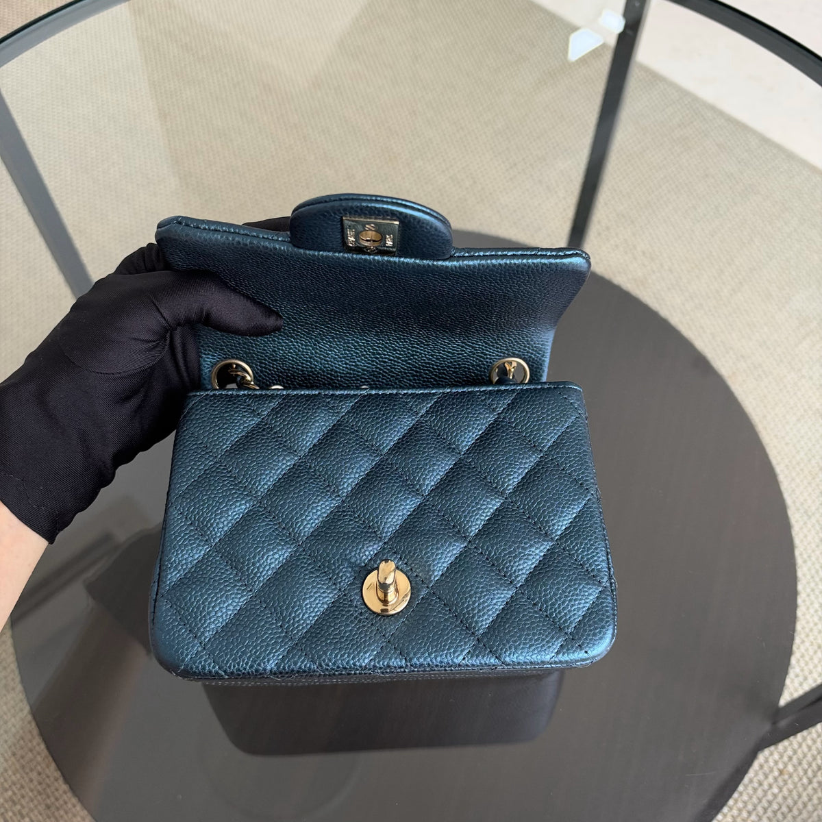 Chanel Classic Flap Mini Square - Caviar Quilted Dark Blue Gold Hardware Series 25