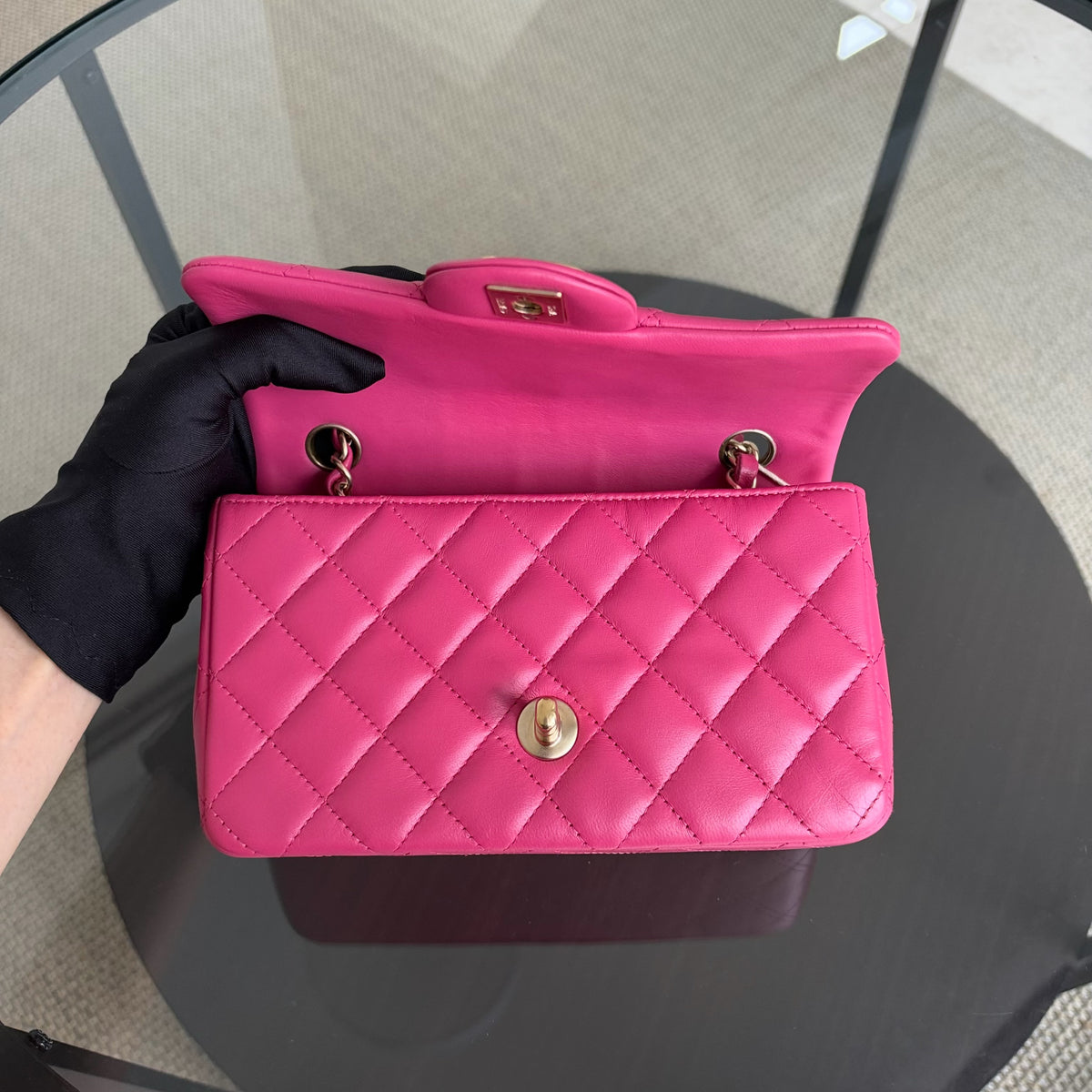 Chanel Mini Rectangle Classic Flap - 20CM Lamskin Quilted Pink Gold Hardware Series 18