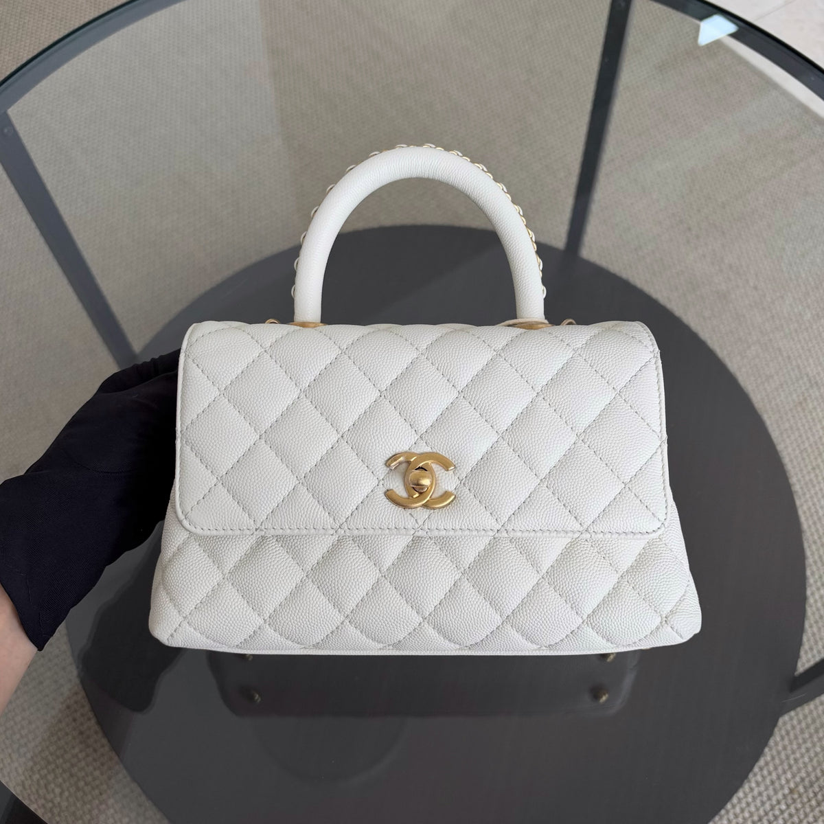 Chanel Coco Handle Small - 24CM Caviar Quilted White Gold Hardware Microchip