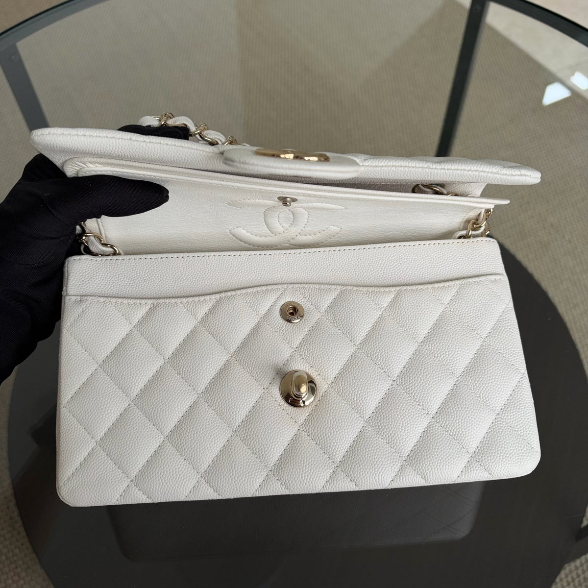 Chanel Classic Flap Small - Caviar 23CM Quilted White Gold Hardware Series 28