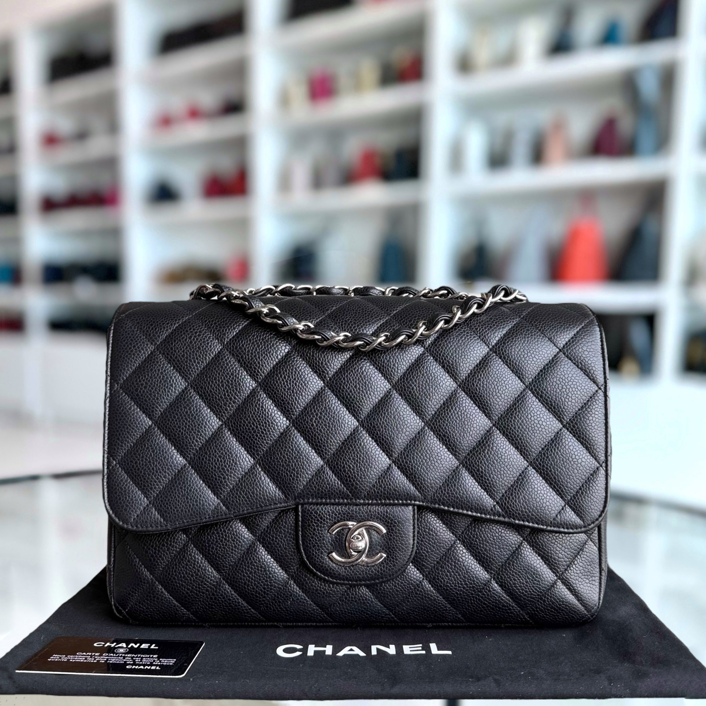 Chanel Classic Flap Jumbo - Caviar Single Flap 30CM Quilted Black Silver Hardware Series 13