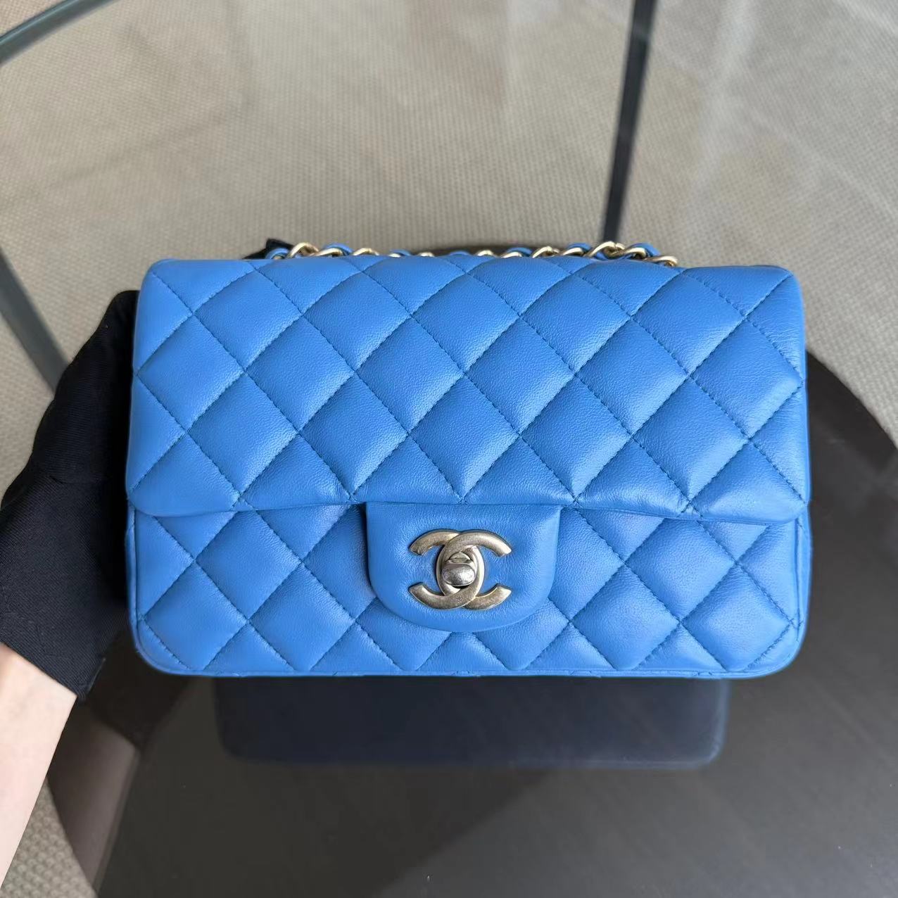 Classic Flap Mini Rectangle 20 CM Quilted Lambskin Blue Golden Hardware Series 27