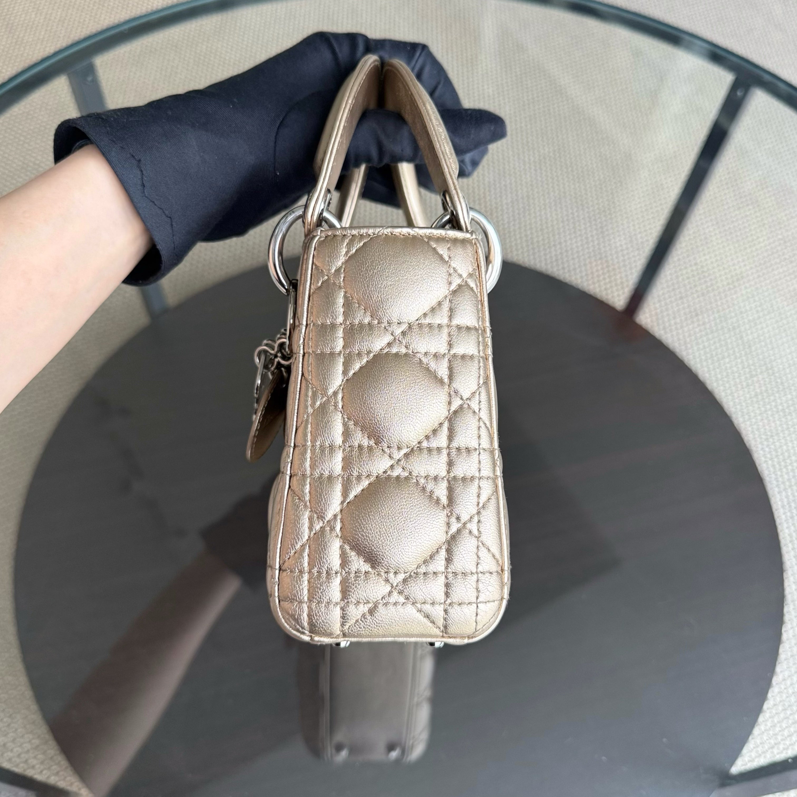 Dior Lady Mini - Cannage Lambskin Gold Silver Hardware Chain Strap