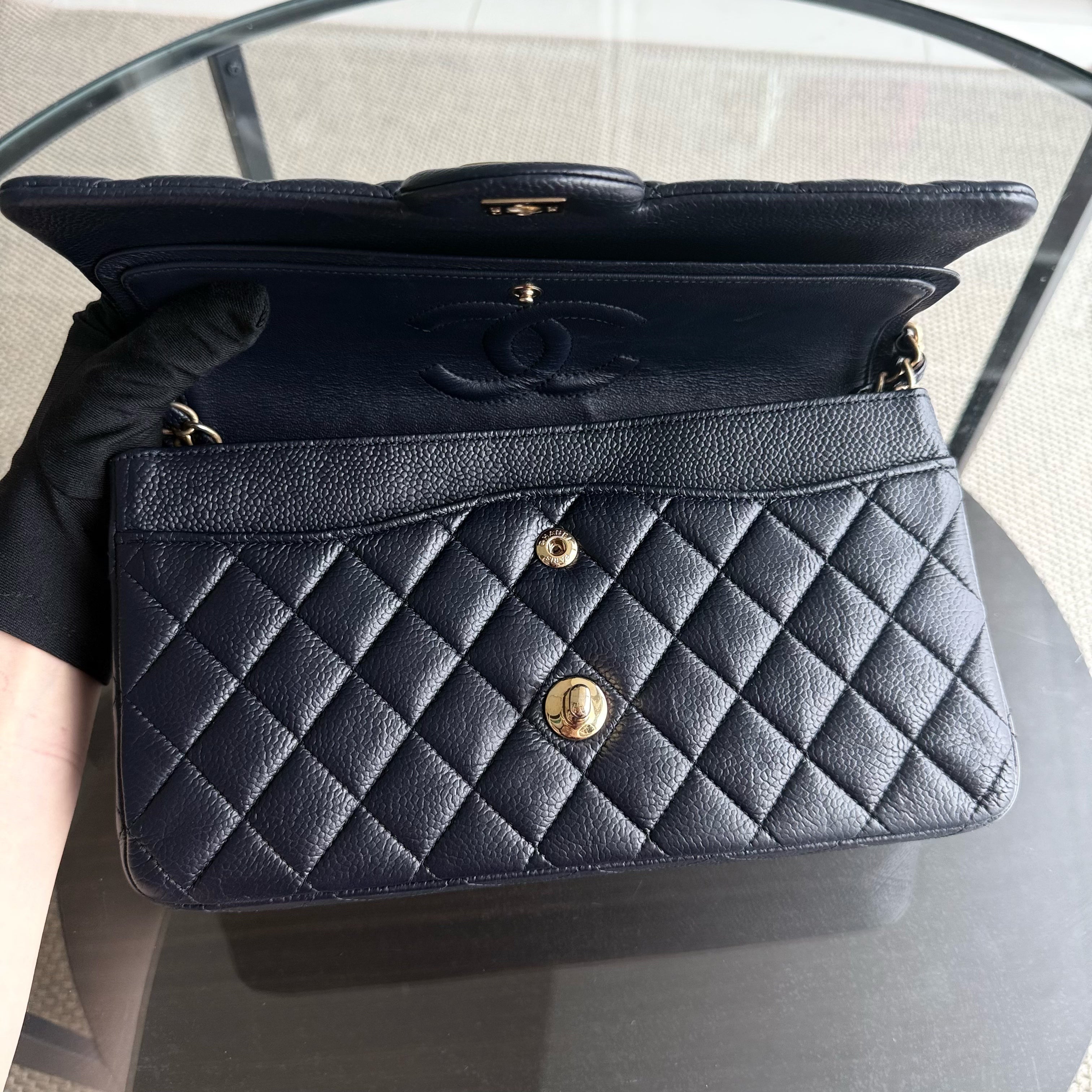 Chanel Classic Flap Medium - Caviar 25CM Quilted Dark Navy Blue Gold Hardware Series 21