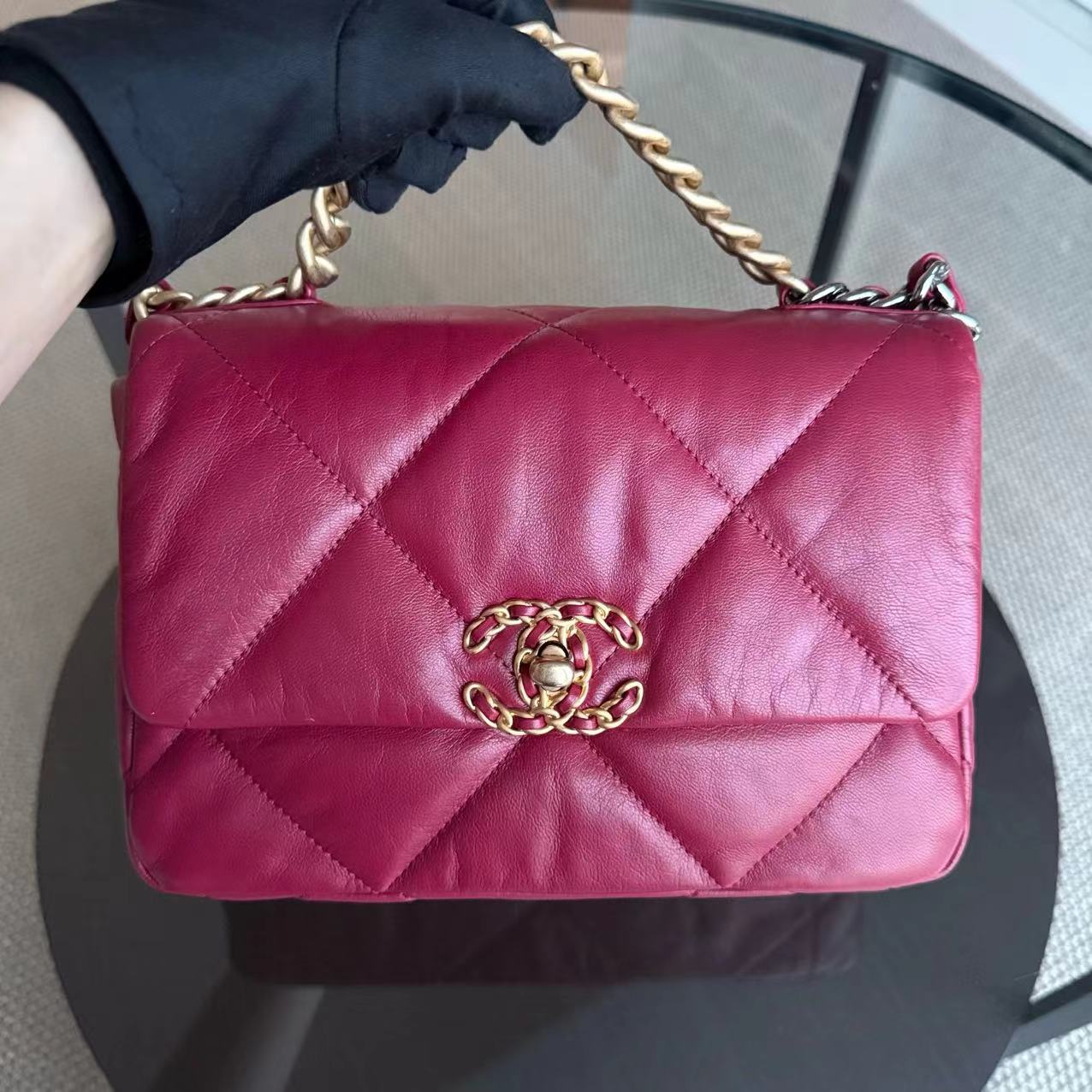 Chanel 19 Bag Small C19 Quilted Goatskin Burgundy Red Two Tone Hardware