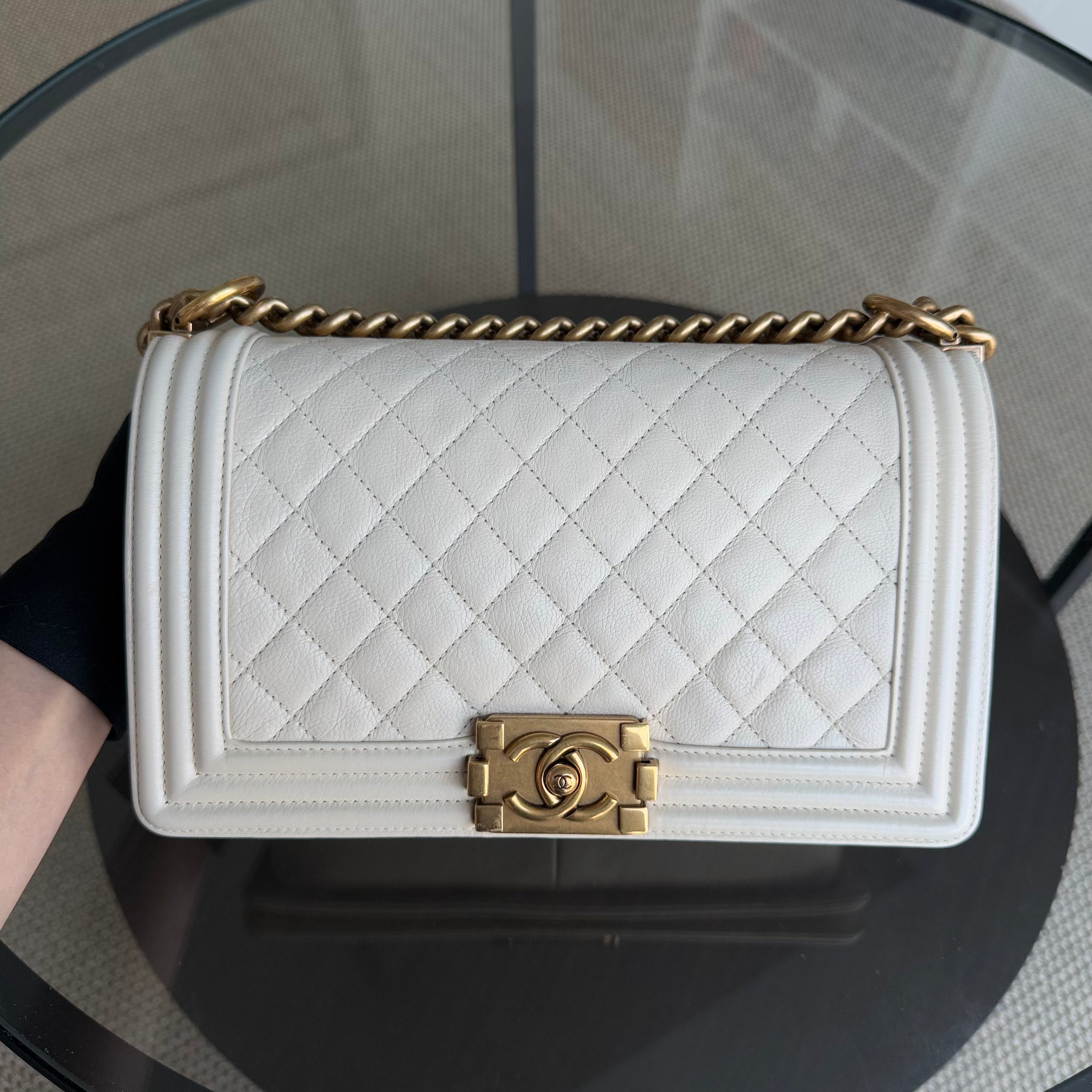 Chanel Boy Medium - 25CM Quilted Calfskin Cream White Gold Hardware Series 20