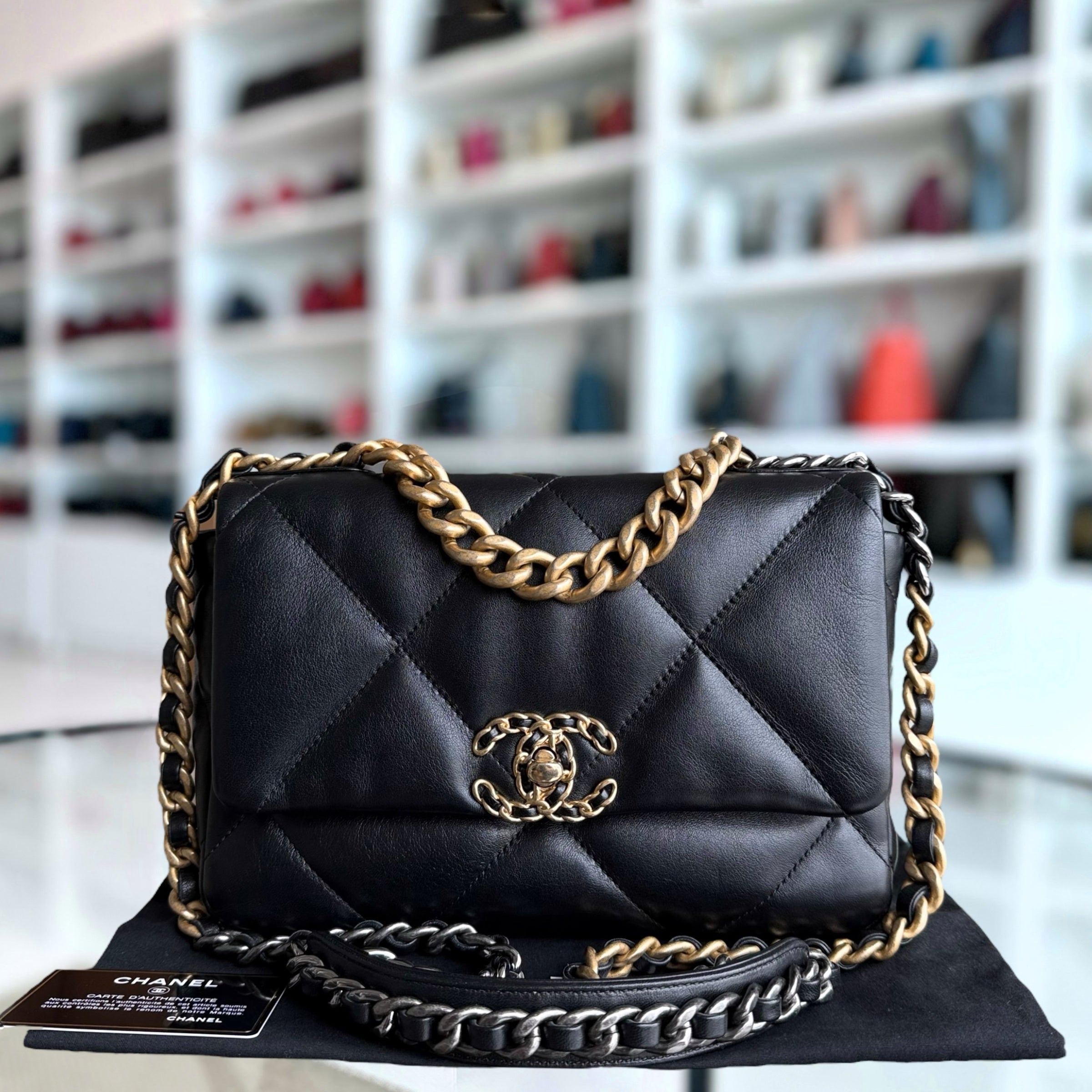 Chanel 19 Bag C19 Small - Quilted Shiny Goatskin Black Two-tone Gold Silver Hardware