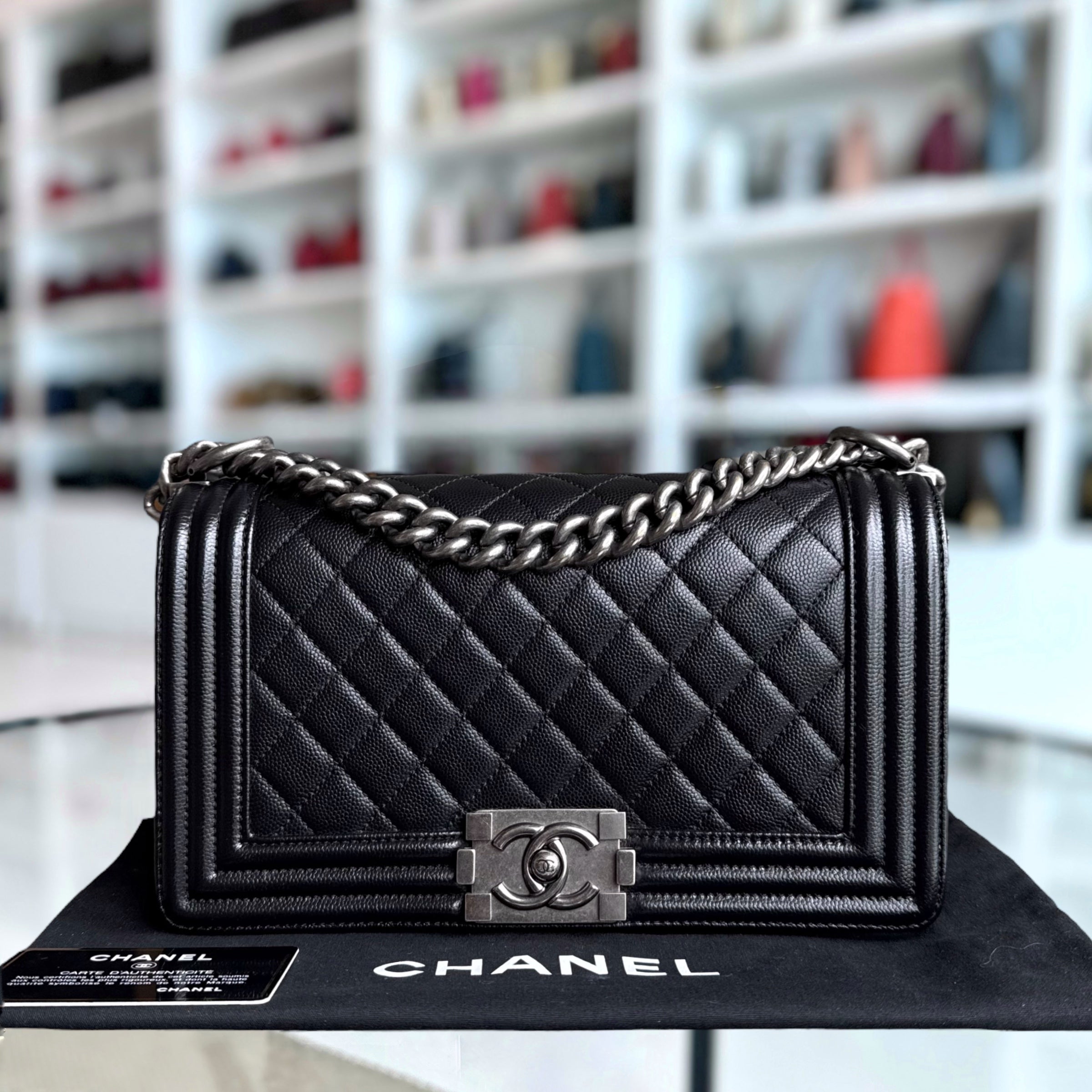 Chanel Boy Medium - Caviar 25CM Quilted Black Ruthenium Silver Hardware Series 25