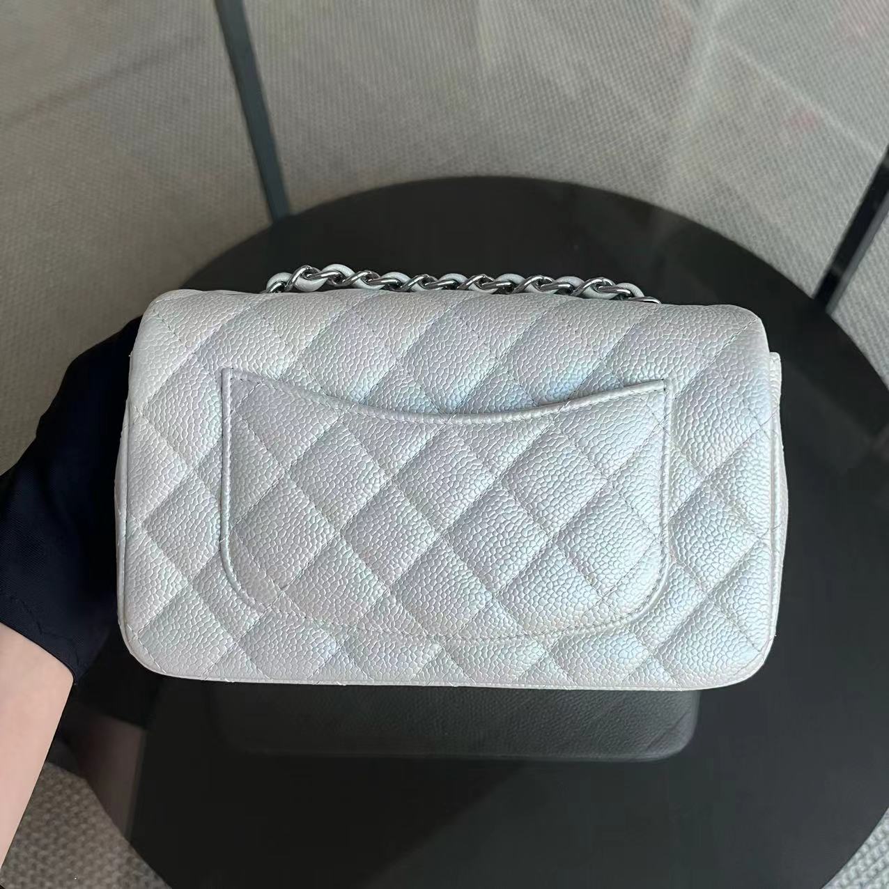 *Unused* Caviar Mini Rectangle Classic Flap Quilted Iridescent Pearl White Silver Hardware Series 20