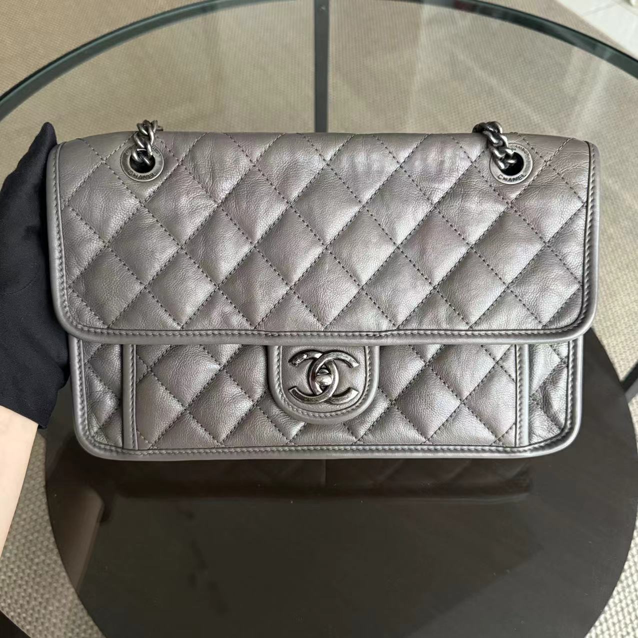 Chanel Flap French Riviera - Calfskin 28CM Grey Quilted Gray Ruthenium Palladium Silver Hardware Series 20