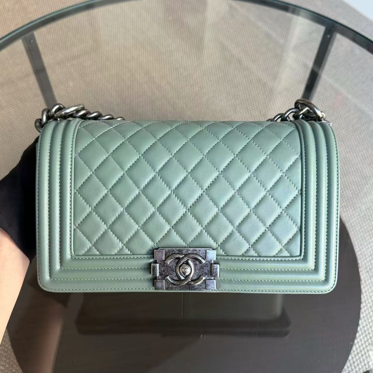 Deposit of Chanel Boy Medium - 25CM Quilted Lambskin Green Ruthenium Silver Hardware Series 23