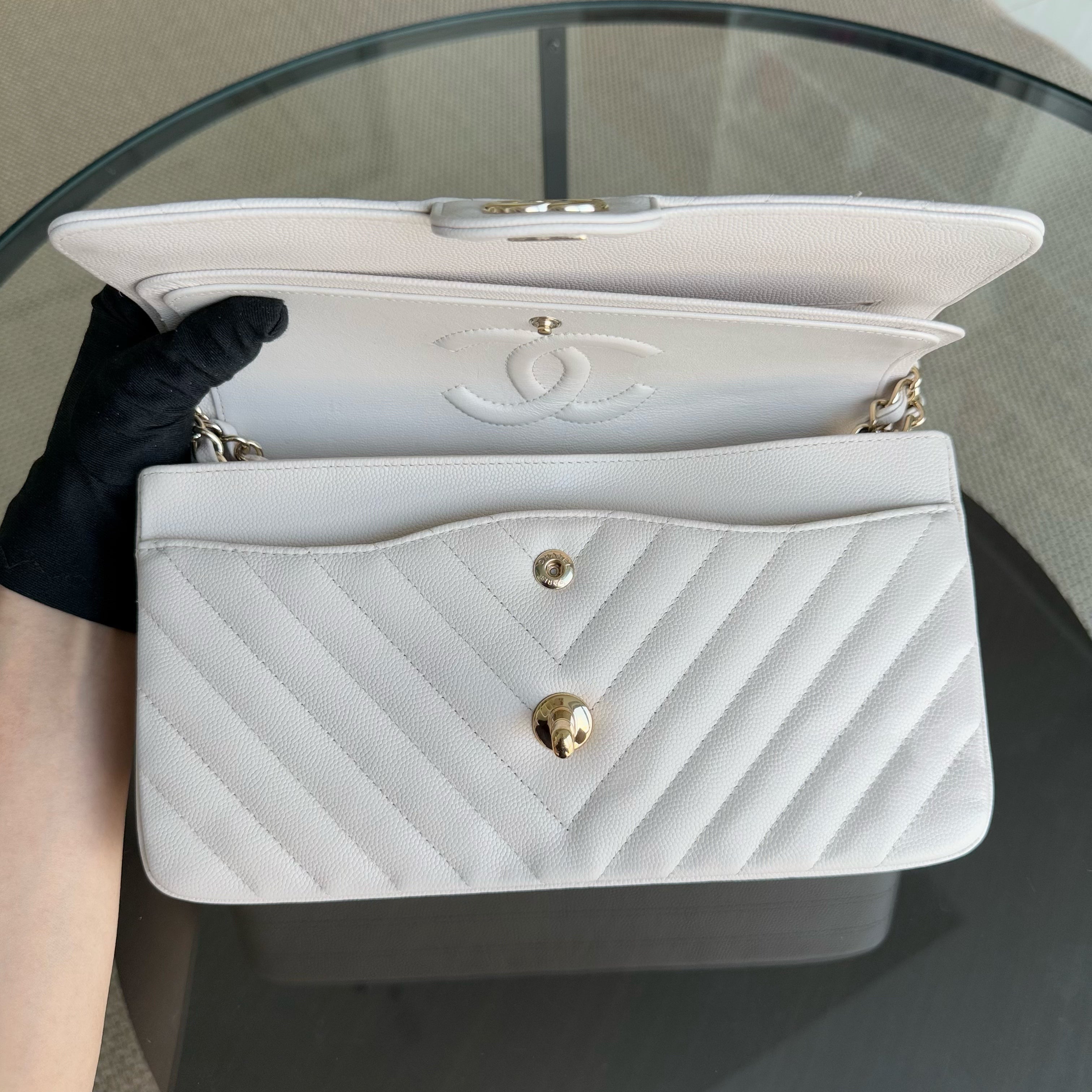 Chanel Classic Flap Medium - Caviar Chevron Cream White Gold Hardware Series 26