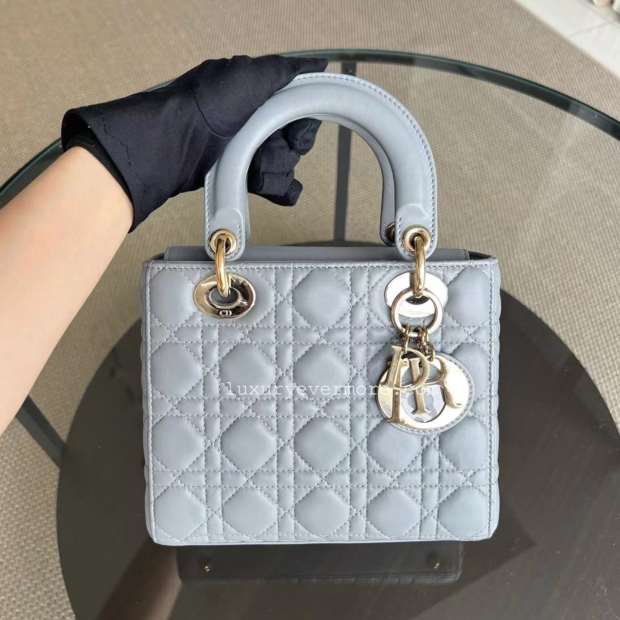 Dior Lady Small Size Lambskin Cannage Grey Gray Golden Hardware ABC