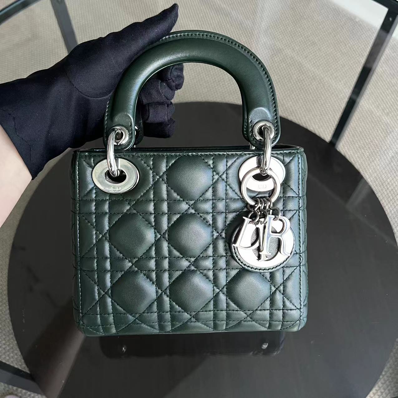 *Full set, Receipt* Lady Mini Lambskin Dark Green Silver Hardware Chain Strap