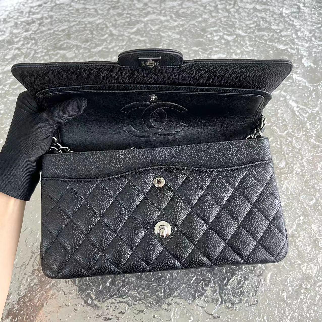 Caviar Double Flap Quilted Calfskin Black Silver Hardware Series 14