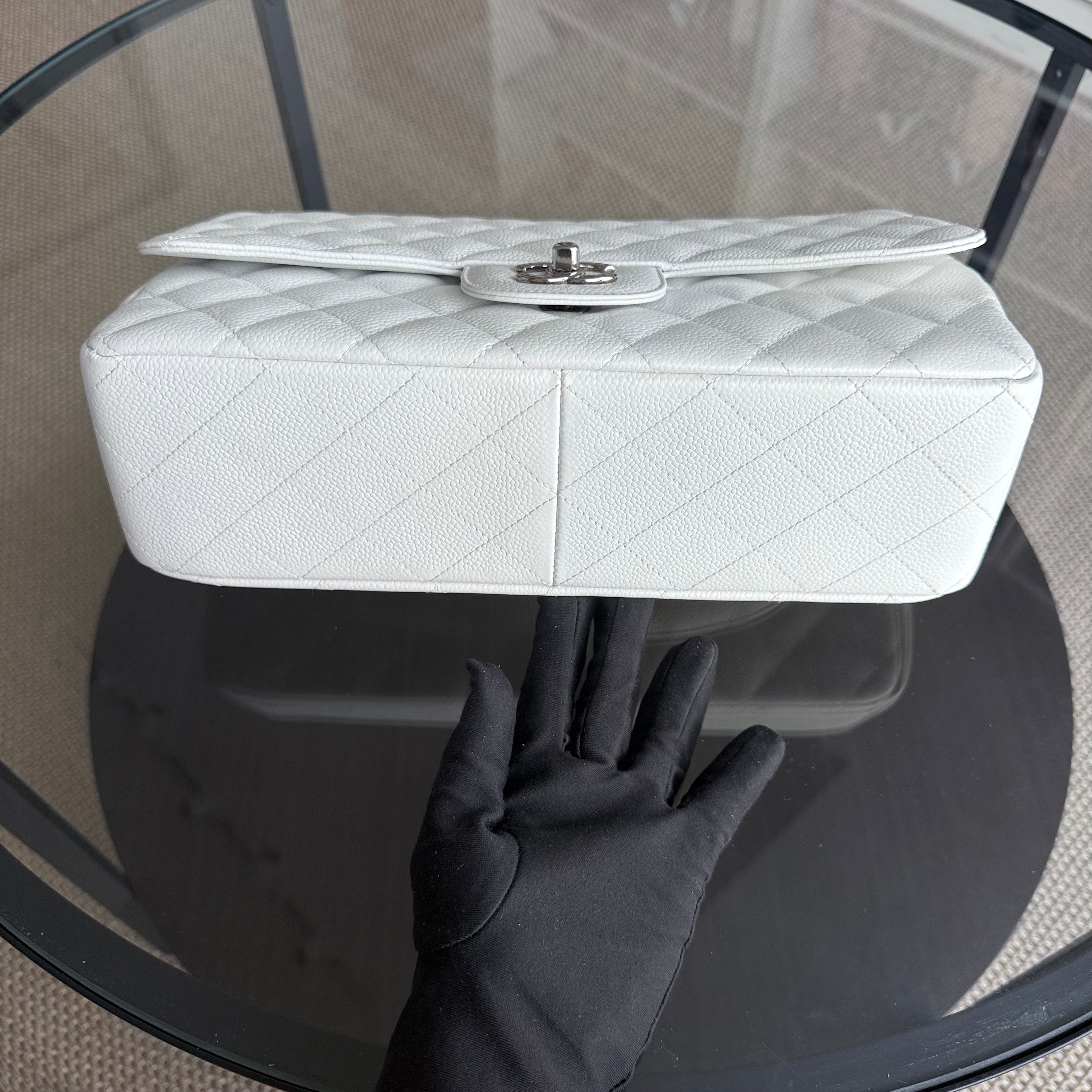 Chanel Classic Flap Jumbo - Caviar 30CM Single Flap Quilted Snow White Silver Hardware Series 13