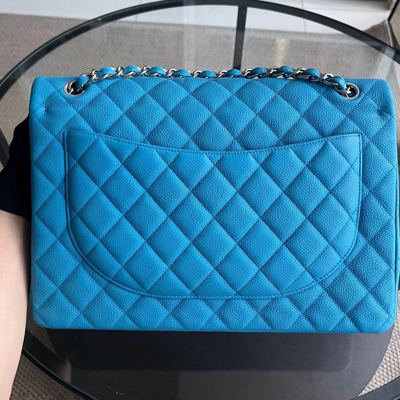 Chanel Maxi Classic Flap Caviar Double Flap Quilted Grained Calfskin Blue Silver Hardware Series 17