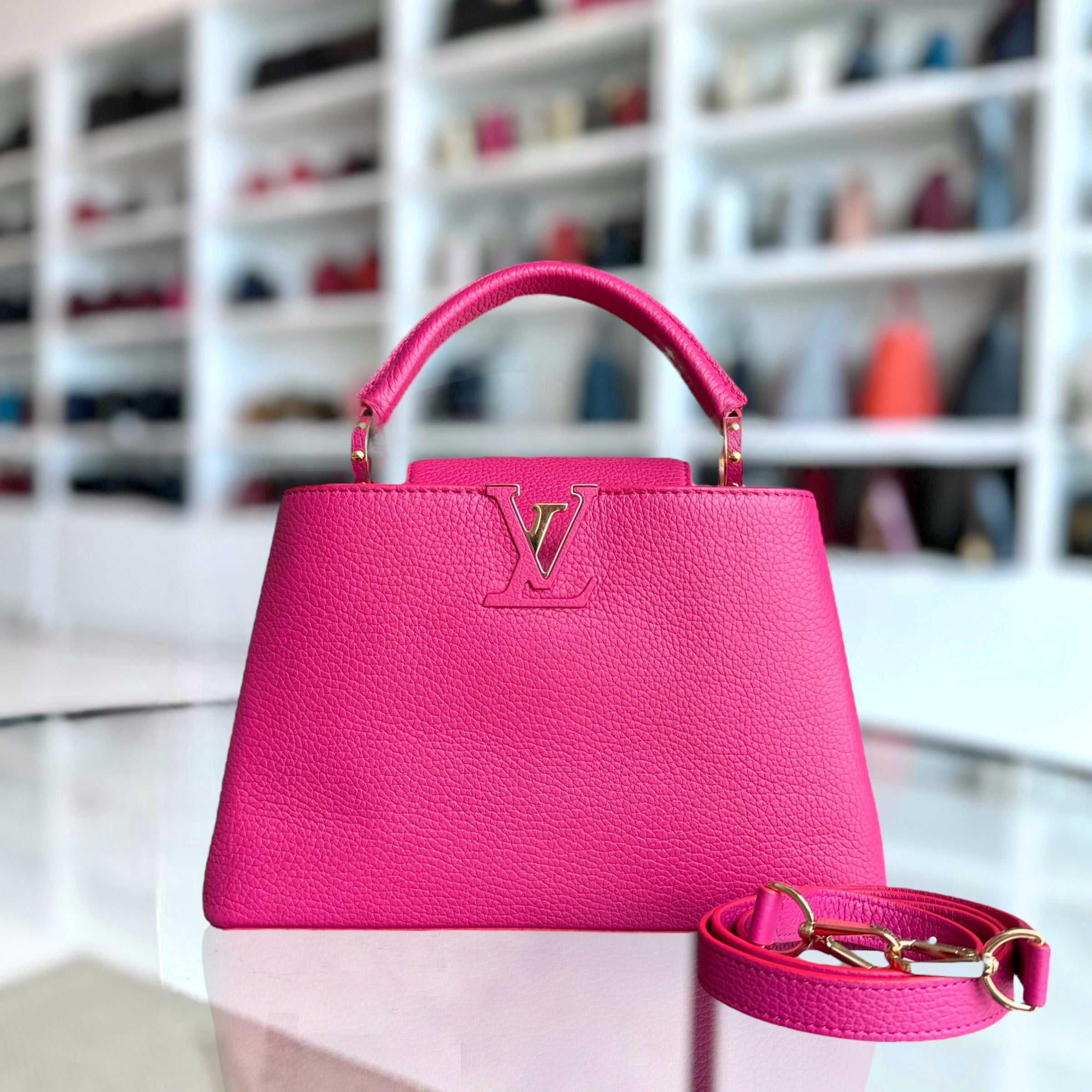 Louis Vuitton Capucines BB - 27CM Grained Calfskin Hot Pink Gold Hardware