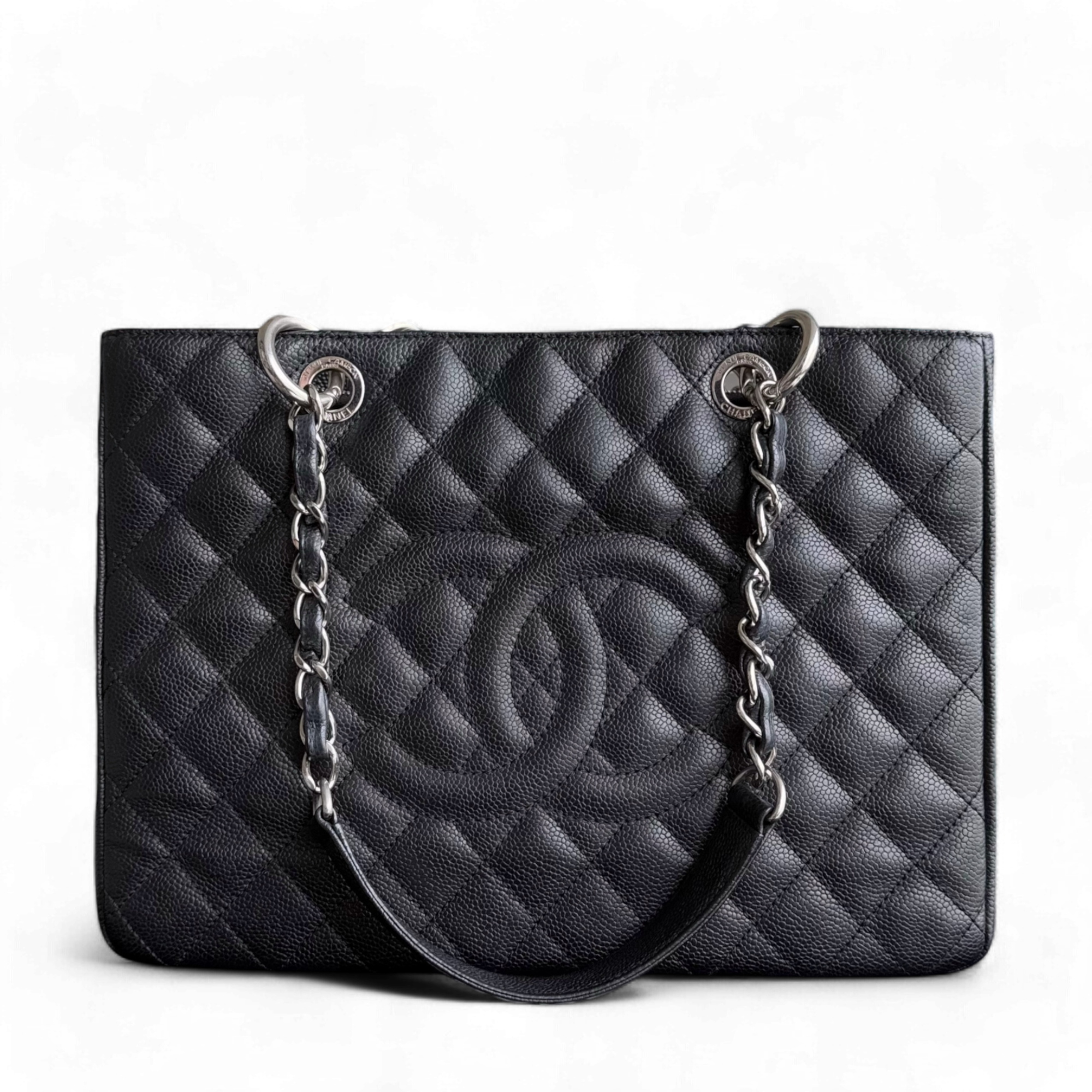 Chanel GST Grand Shopping Tote - Caivar Quilted Black Silver Hardware