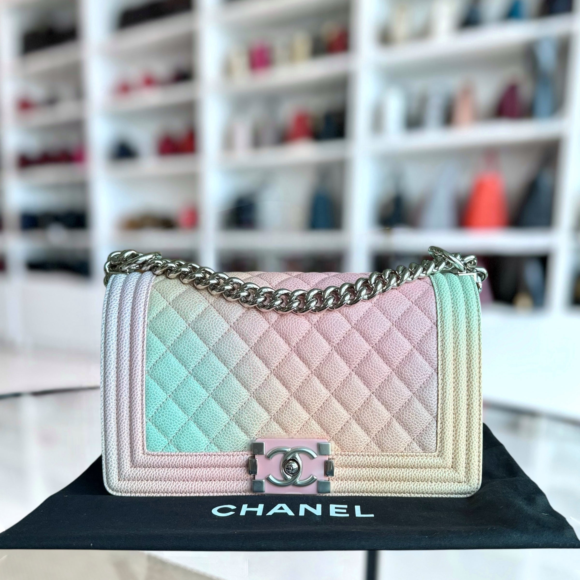 Chanel Boy Medium - Caviar Rainbow 25CM Limited Edition Quilted Silver Hardware Series 25