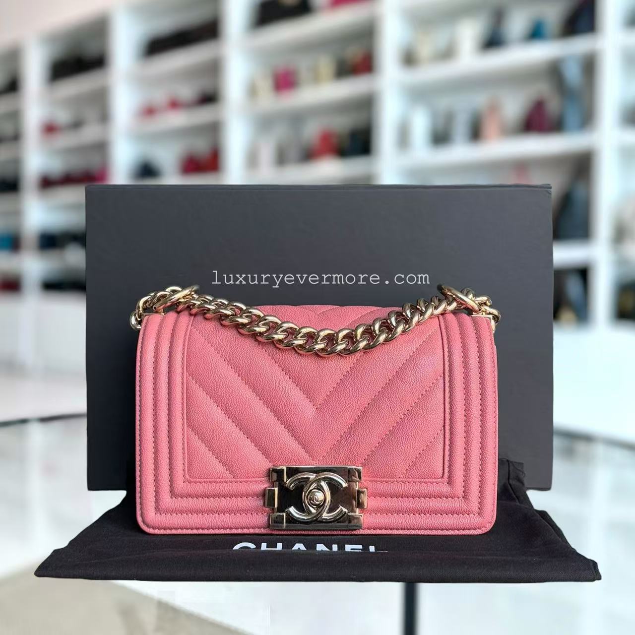 Chanel Boy Small - Caviar 20CM Chevron Pink Gold Hardware Series 28