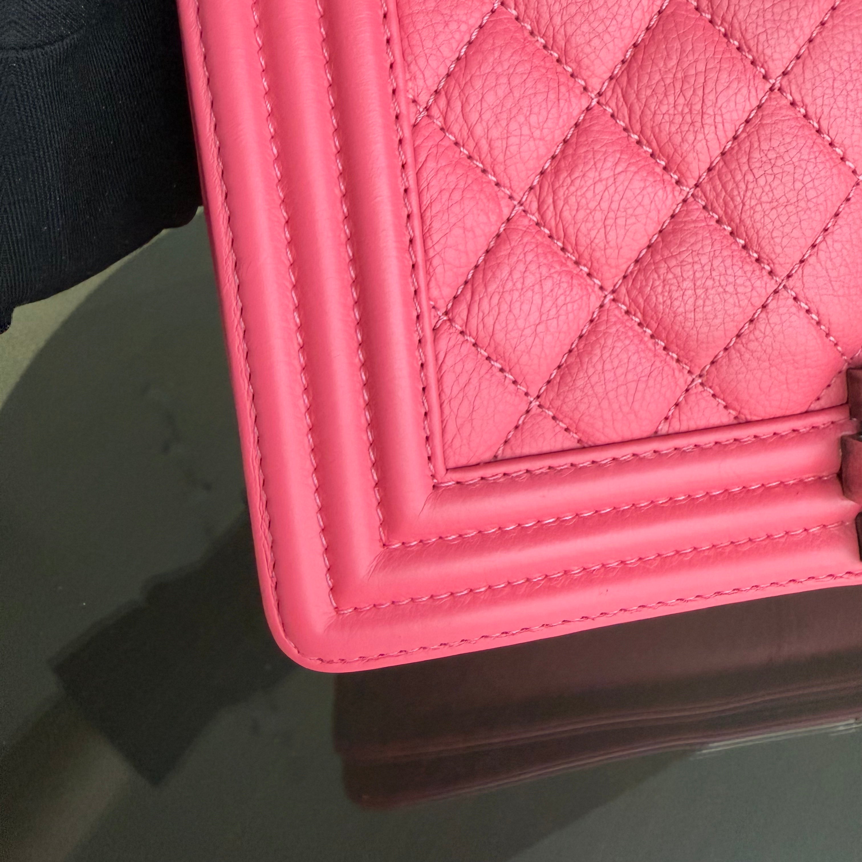 Chanel Boy Medium - 25CM Calfskin Quilted Hot Pink Ruthnium Silver Hardware Series 17