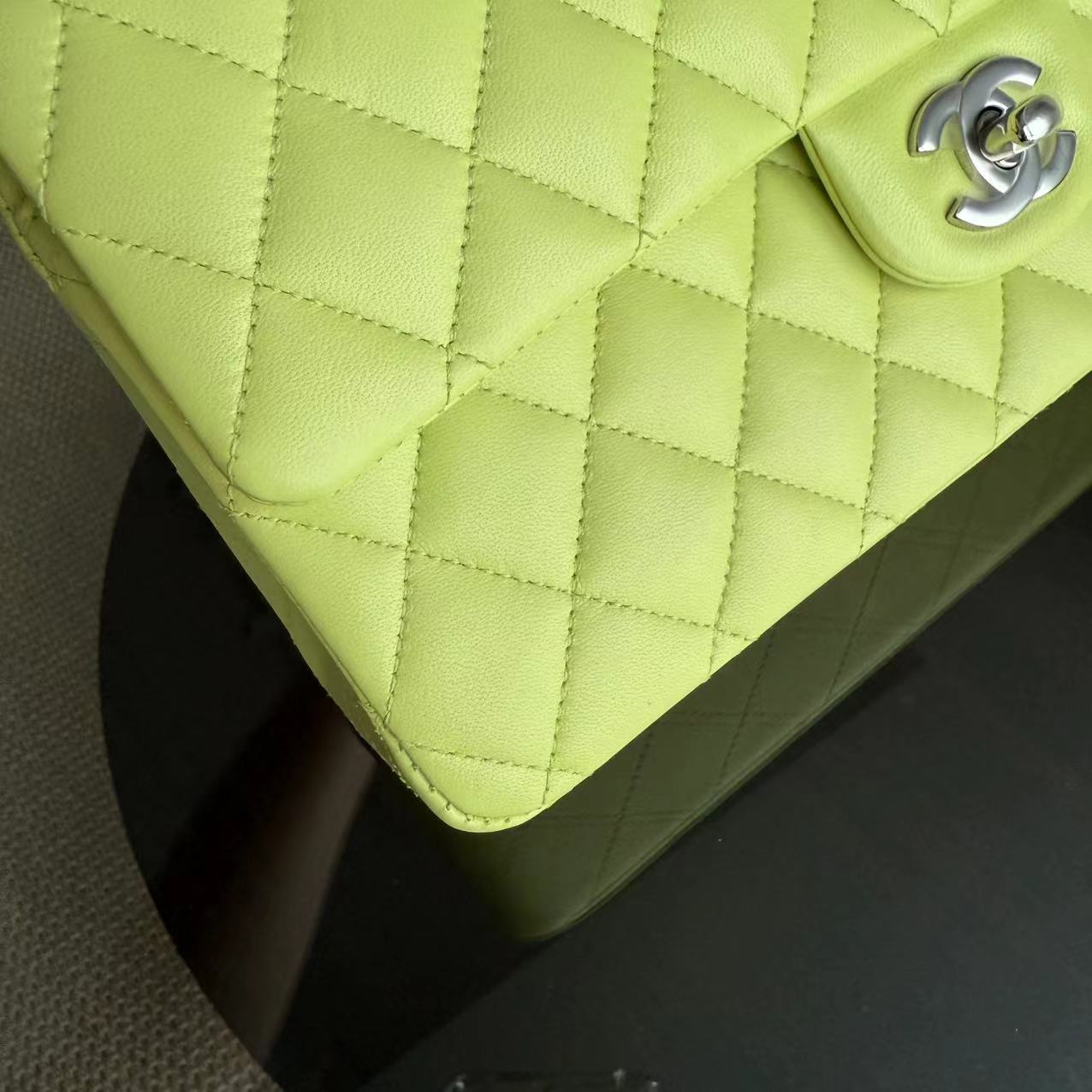 *Full Set, Receipt* Chanel Classic Flap Medium Quilted Lambskin Light Yellow Silver Hardware