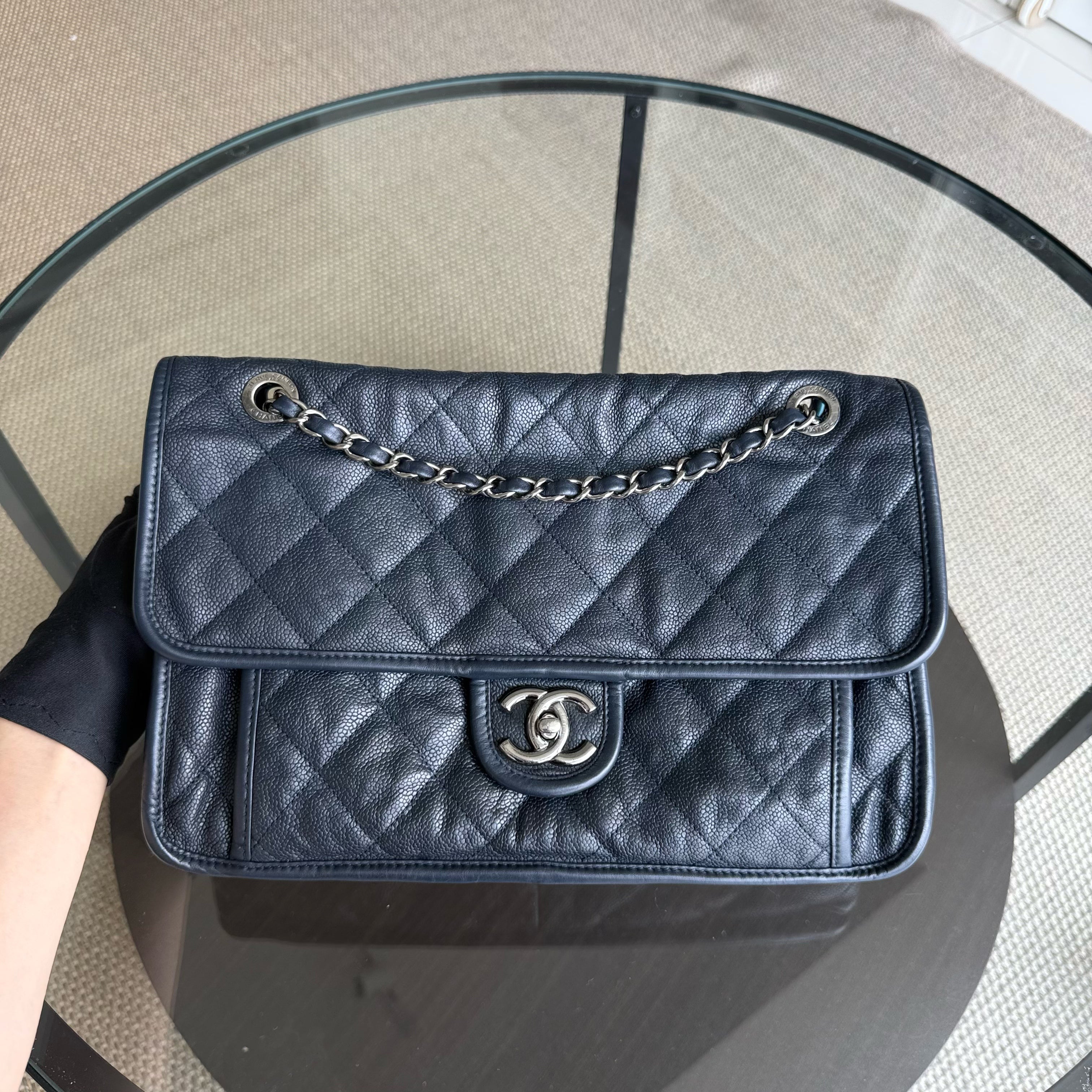 Chanel Seasonal Flap French Riviera Jumbo - Caviar 30CM Quilted Calfskin Dark Blue Silver Hardware Series 19