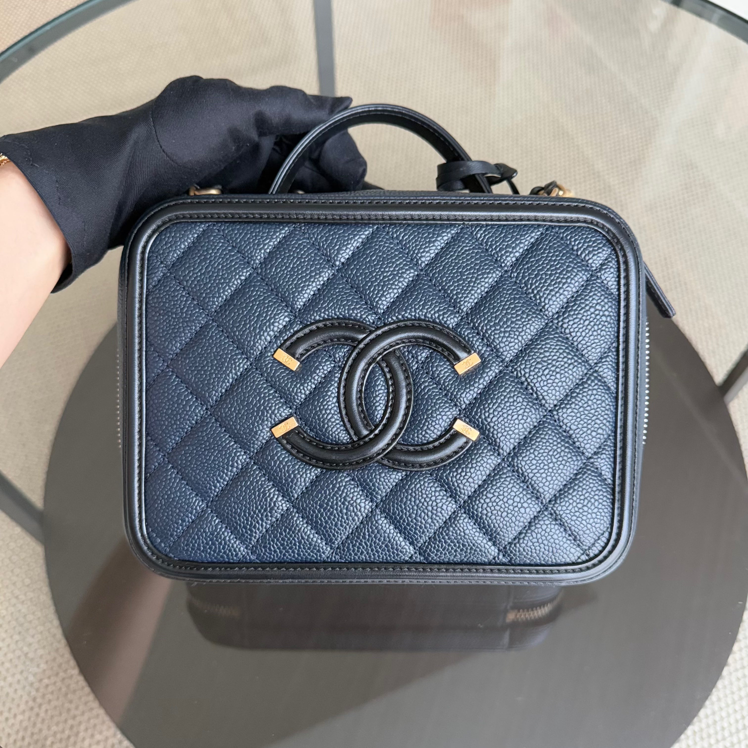 Chanel Vanity Case Medium - Caivar Quilted Dark Blue Gold Hardware Series 26