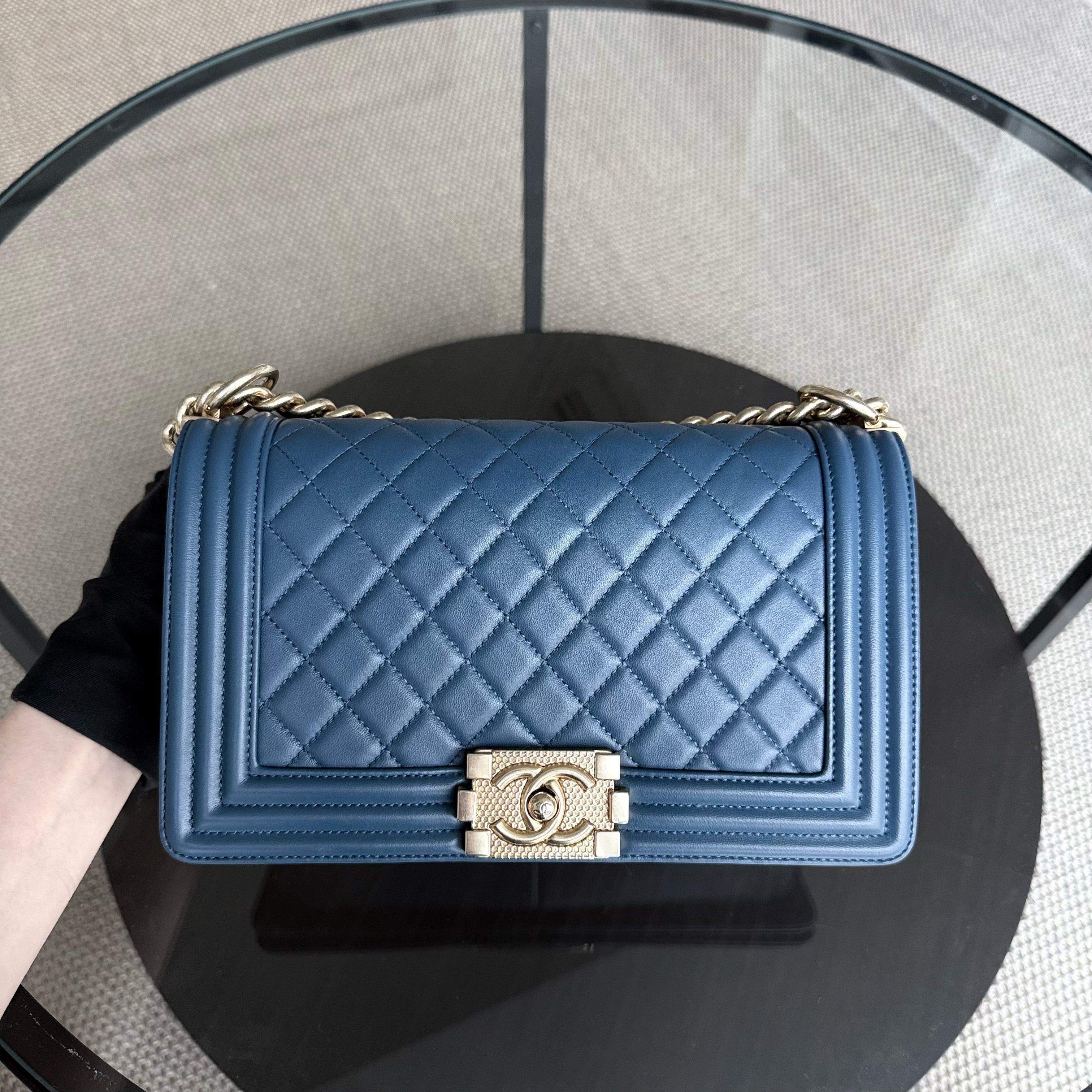 Chanel Boy Medium - 25CM Quilted Lambskin Blue Gold Hardware Limited Edition Gold Hardware Series 23