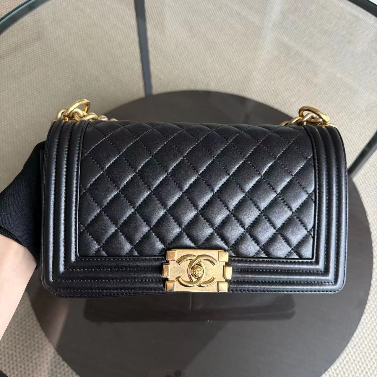 Chanel Boy Medium - 25CM Quilted Lambskin Black Gold Hardware Series 24