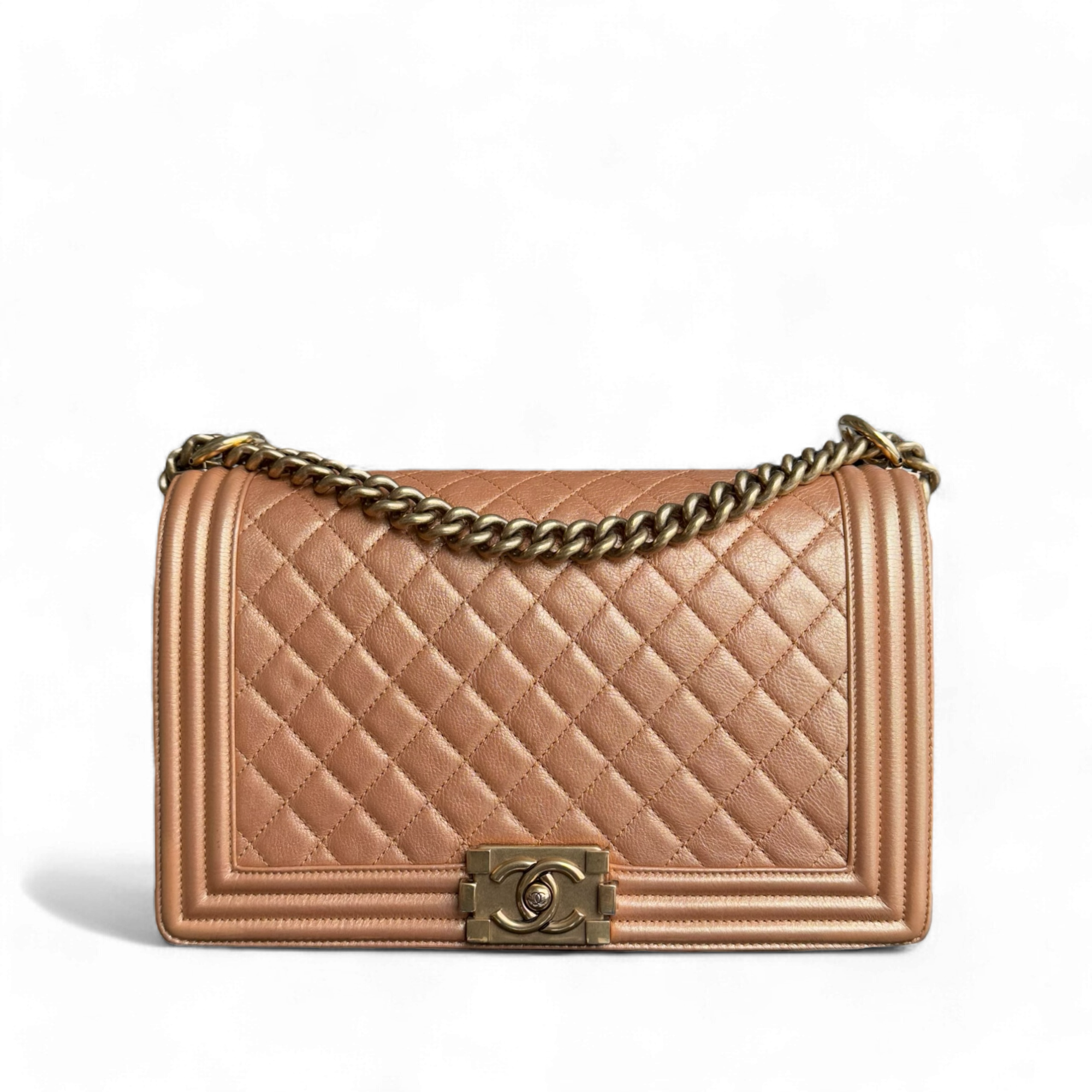 Chanel Boy Medium - 28CM Quilted Grained Calfskin Metallic Iridescent Ruthenium Gold Hardware Series 20