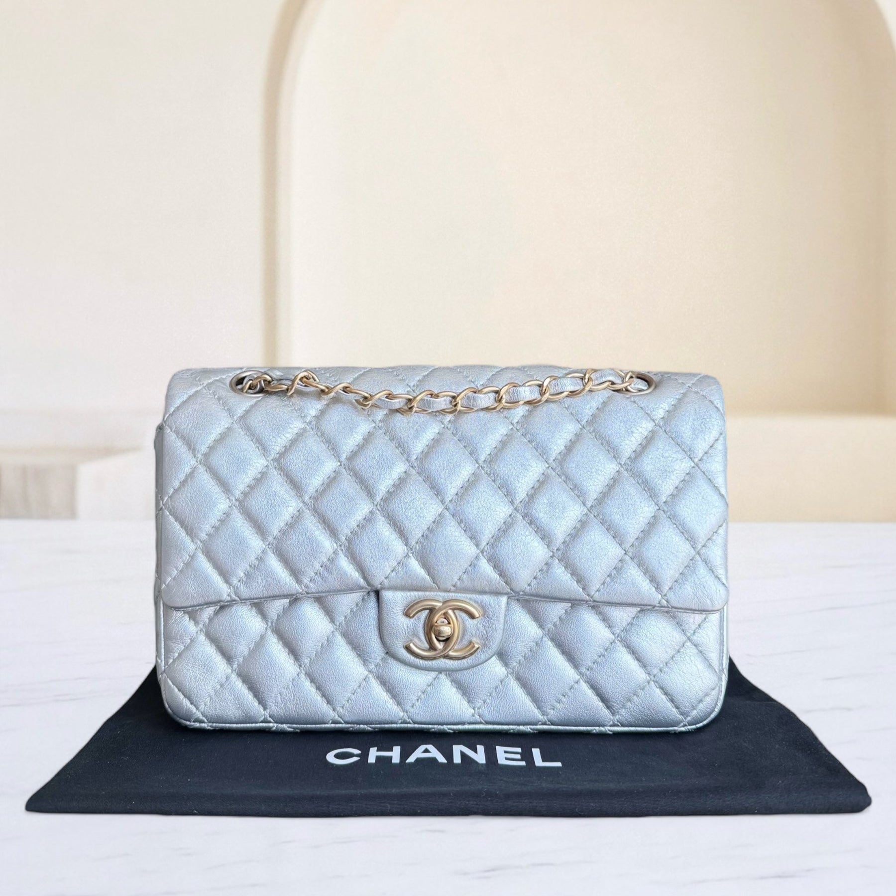 Chanel Classic Flap Medium - 25CM Quilted Lambskin Metallic Silver Gold Hardware Series 12 (Copy)