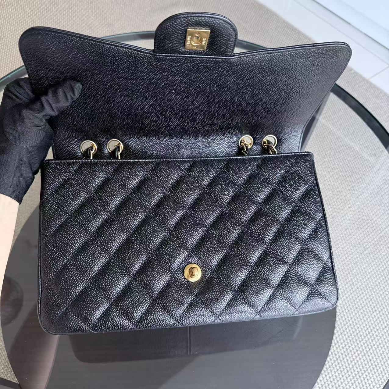 Chanel Classic Flap Jumbo - Caivar 30CM Quilted Black Gold Hardware Series 13