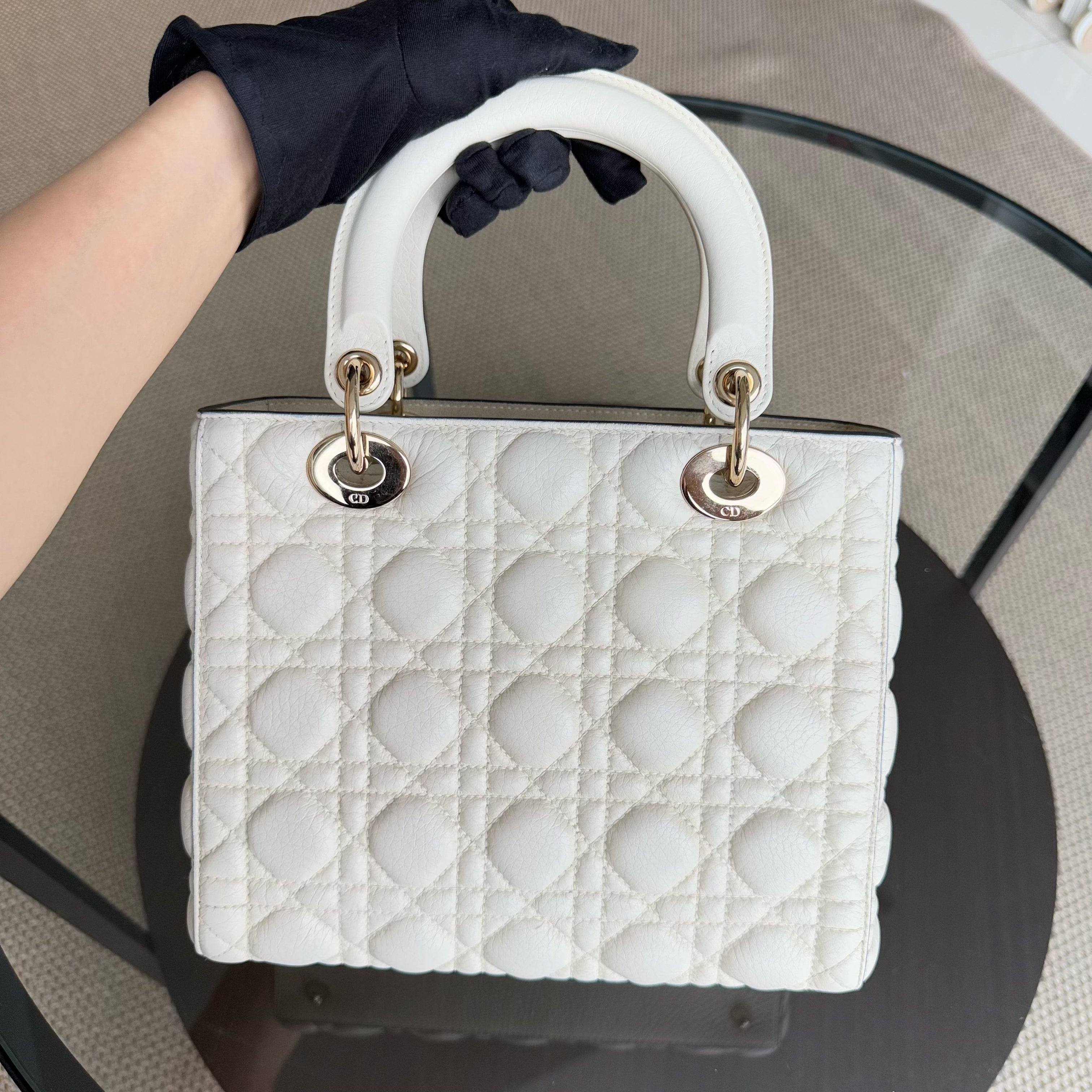 Dior Lady Medium Flap - Grained Calfskin Cannage Cream White Gold Hardware