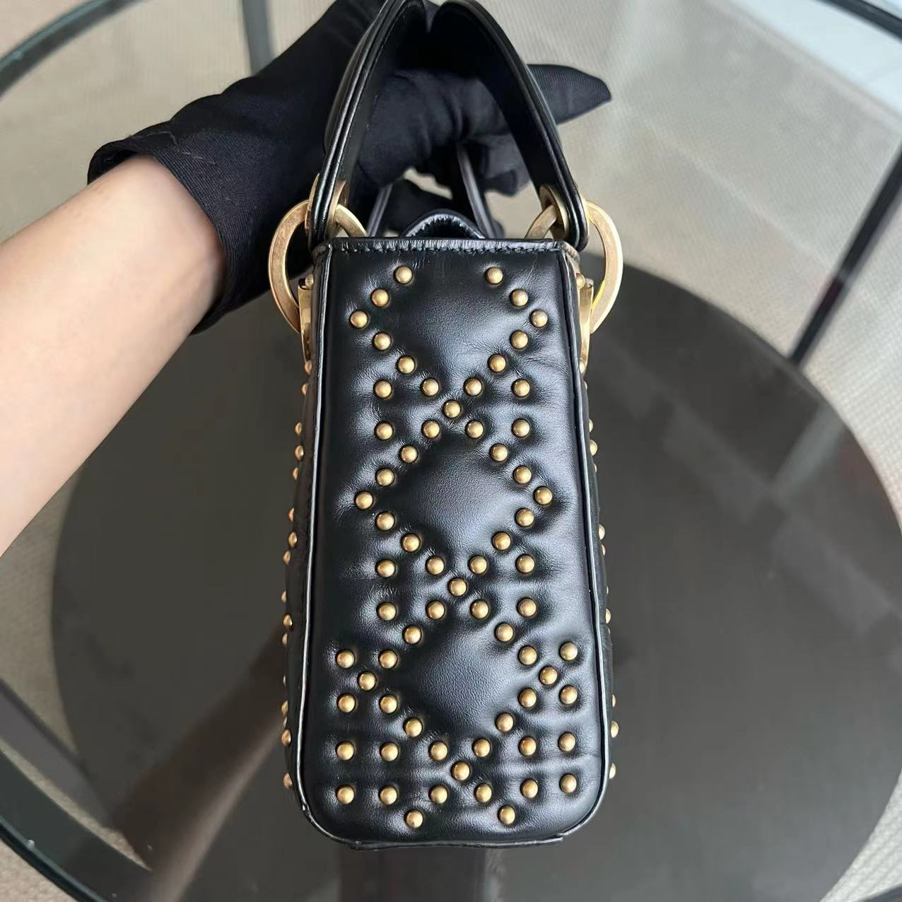 Lady Mini Studded Cannage Calfskin Black Golden Hardware