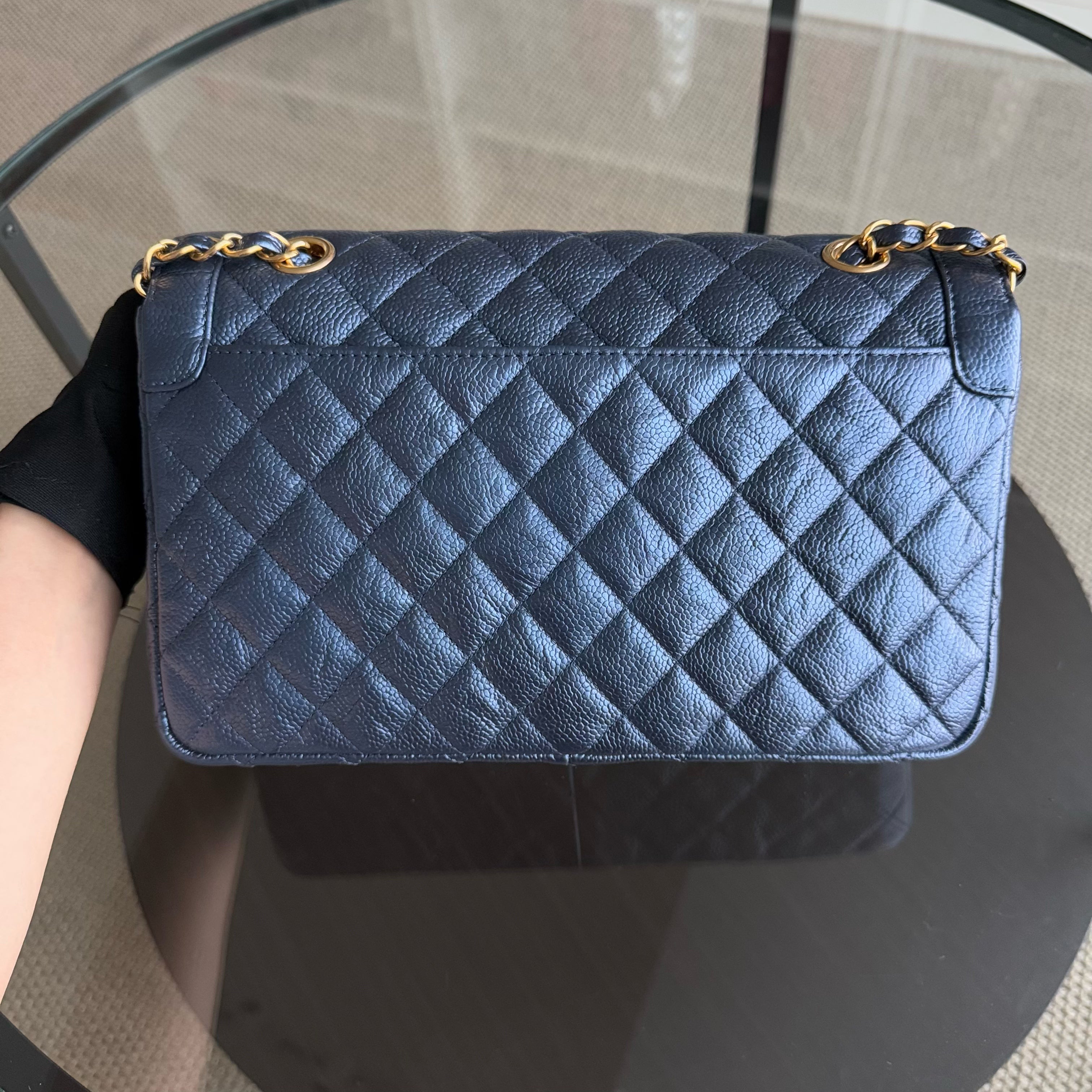 Chanel Crumpled Two Tone Flap - Medium Grained Calfskin Navy Blue Gold Hardware Series 21