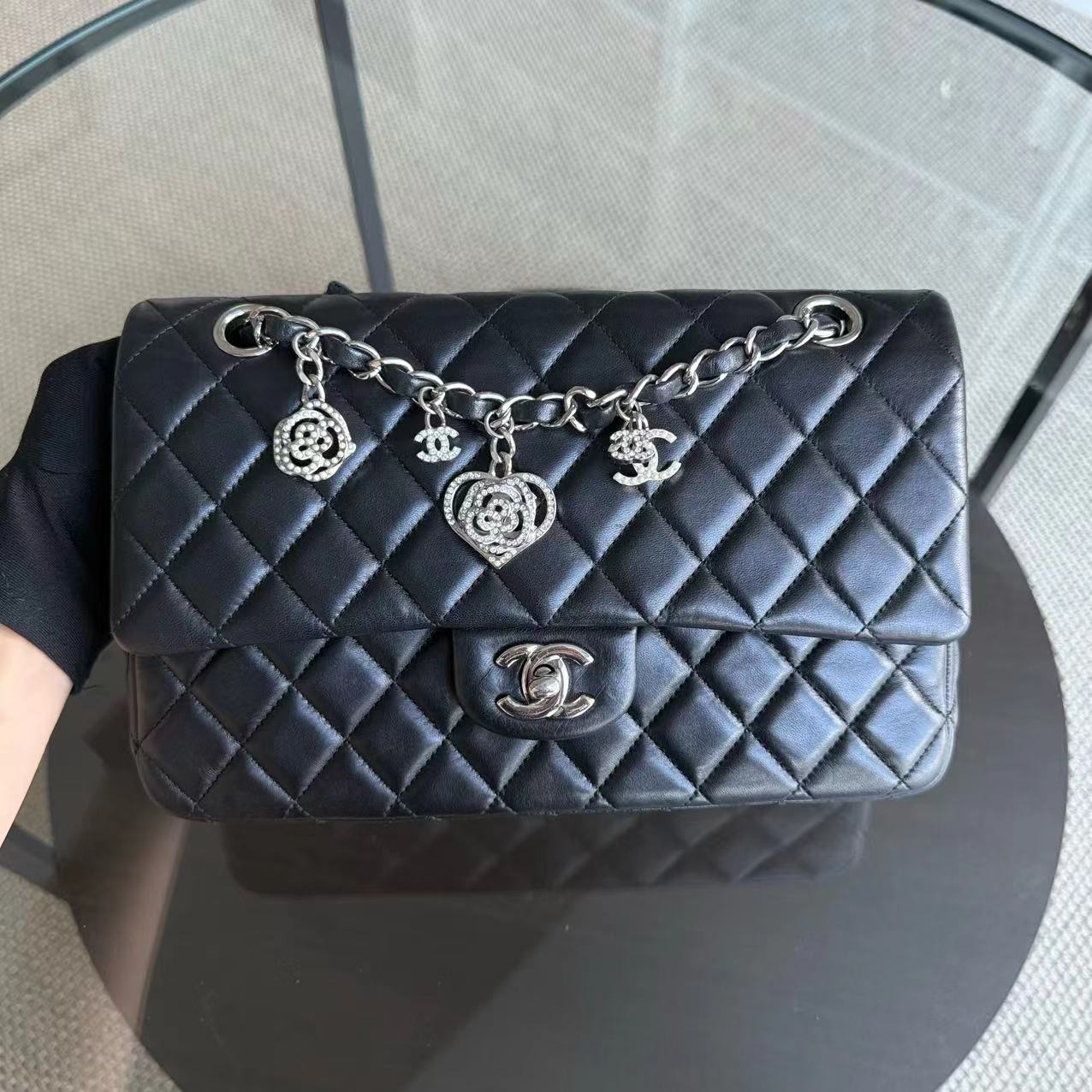 Chanel Classic Flap Medium Bag - Valentine Seasonal Edition Quilted Lambskin Black Golden Hardware Series 19