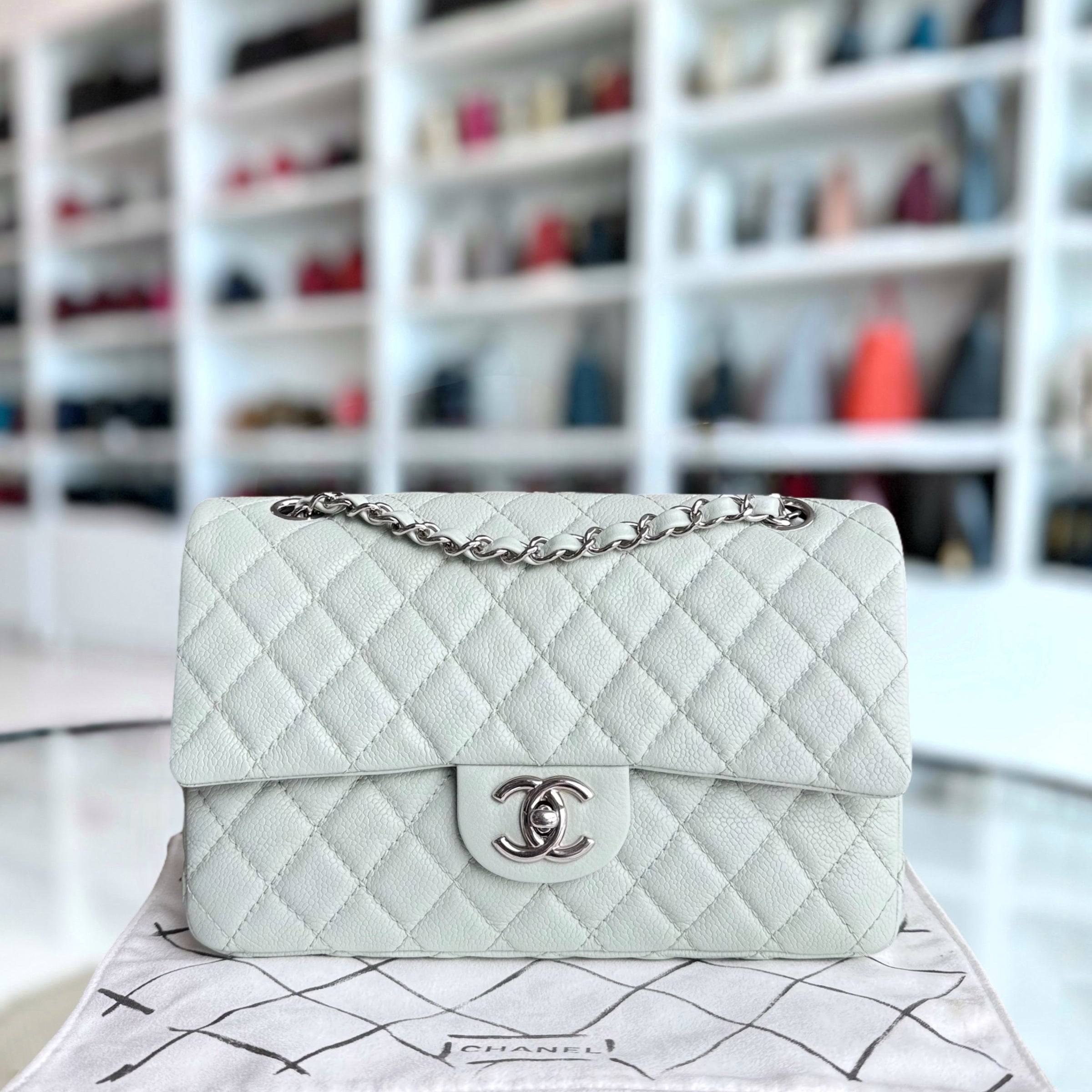 Chanel Classic Flap Medium - Caviar 25CM Quilted Light Mint Green Grey Gray Silver Hardware Series 12