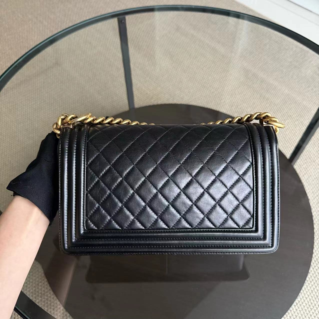 Chanel Boy Medium - Lambskin 25CM Quilted Black Gold Hardware Series 19