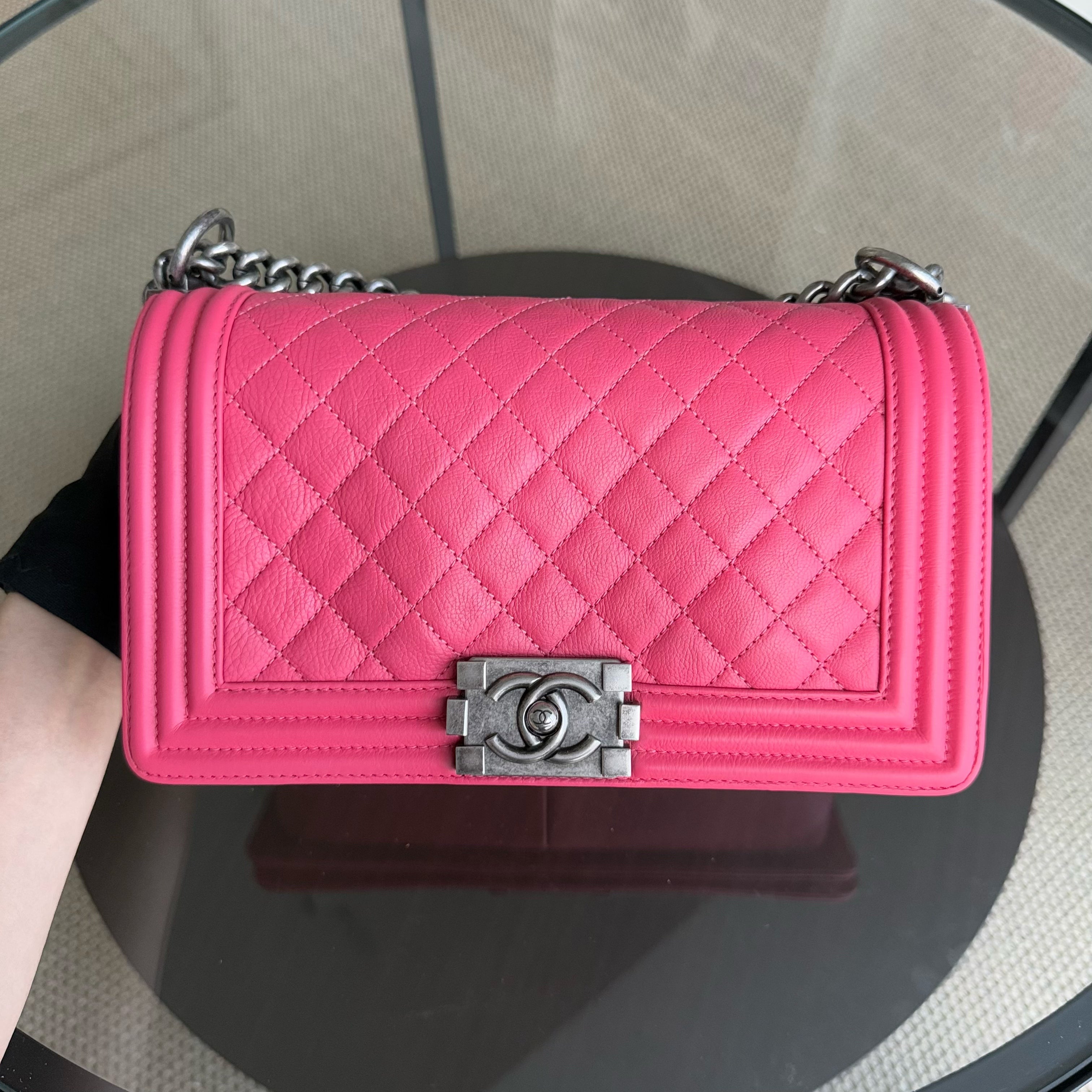 Chanel Boy Medium - 25CM Calfskin Quilted Hot Pink Ruthnium Silver Hardware Series 17