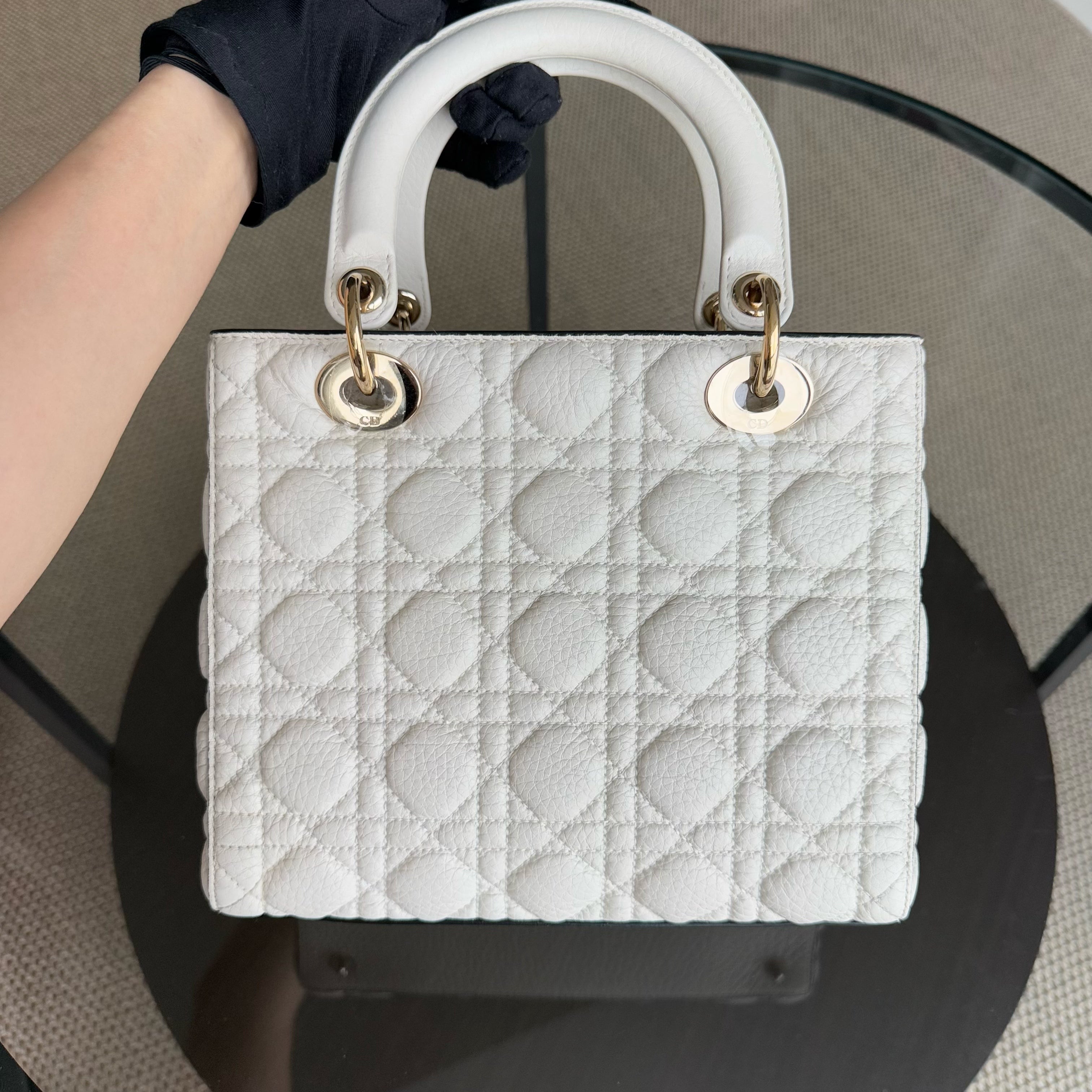 Dior Lady Flap Medium - Cannage Grained Calfskin Cream White Gold Hardware