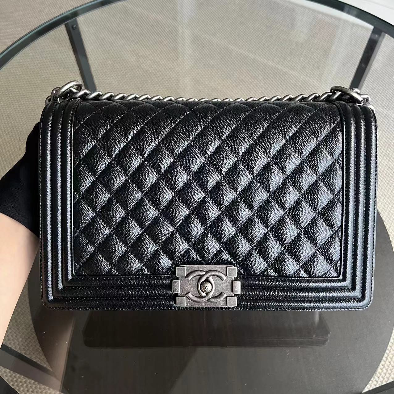 *Like New* Chanel Caviar New Medium Boy 28CM Quilted Grained Calfskin Black Ruthenium Silver Hardware Series 27