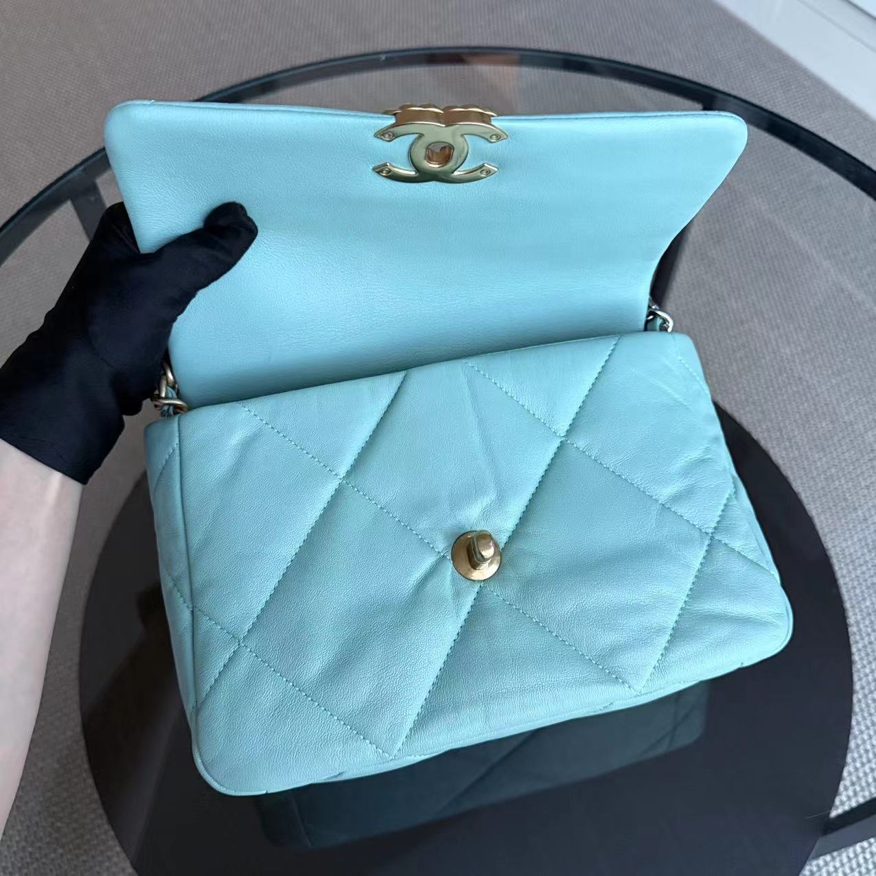 Chanel Small 19 Bag C19 Quilted Goatskin Tiffany Blue Two Tone Golden Hardware Sereis 29