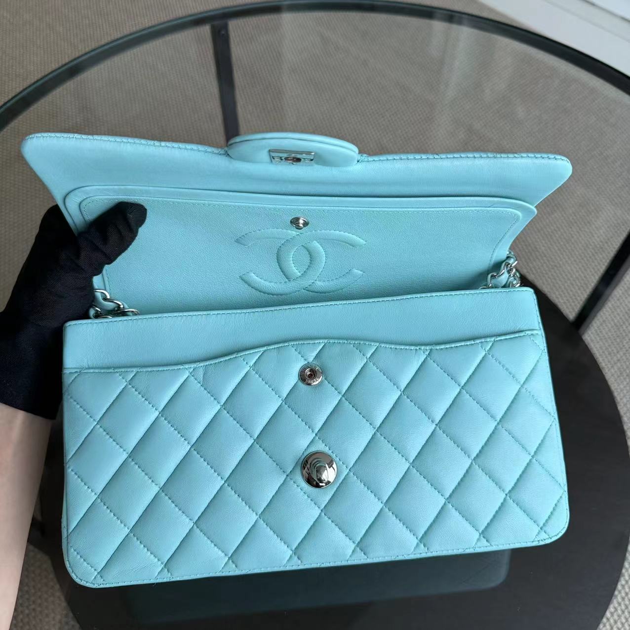 Chanel Classic Flap Medium - 25CM Double Flap Quilted Lambskin Tiffany Blue Silver Hardware Series 27