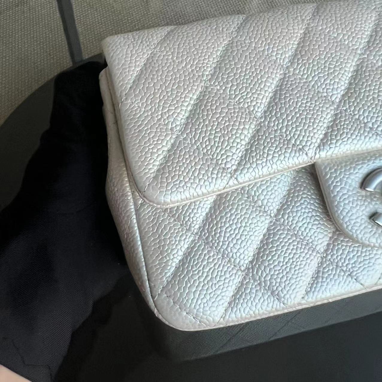 *Unused* Caviar Mini Rectangle Classic Flap Quilted Iridescent Pearl White Silver Hardware Series 20