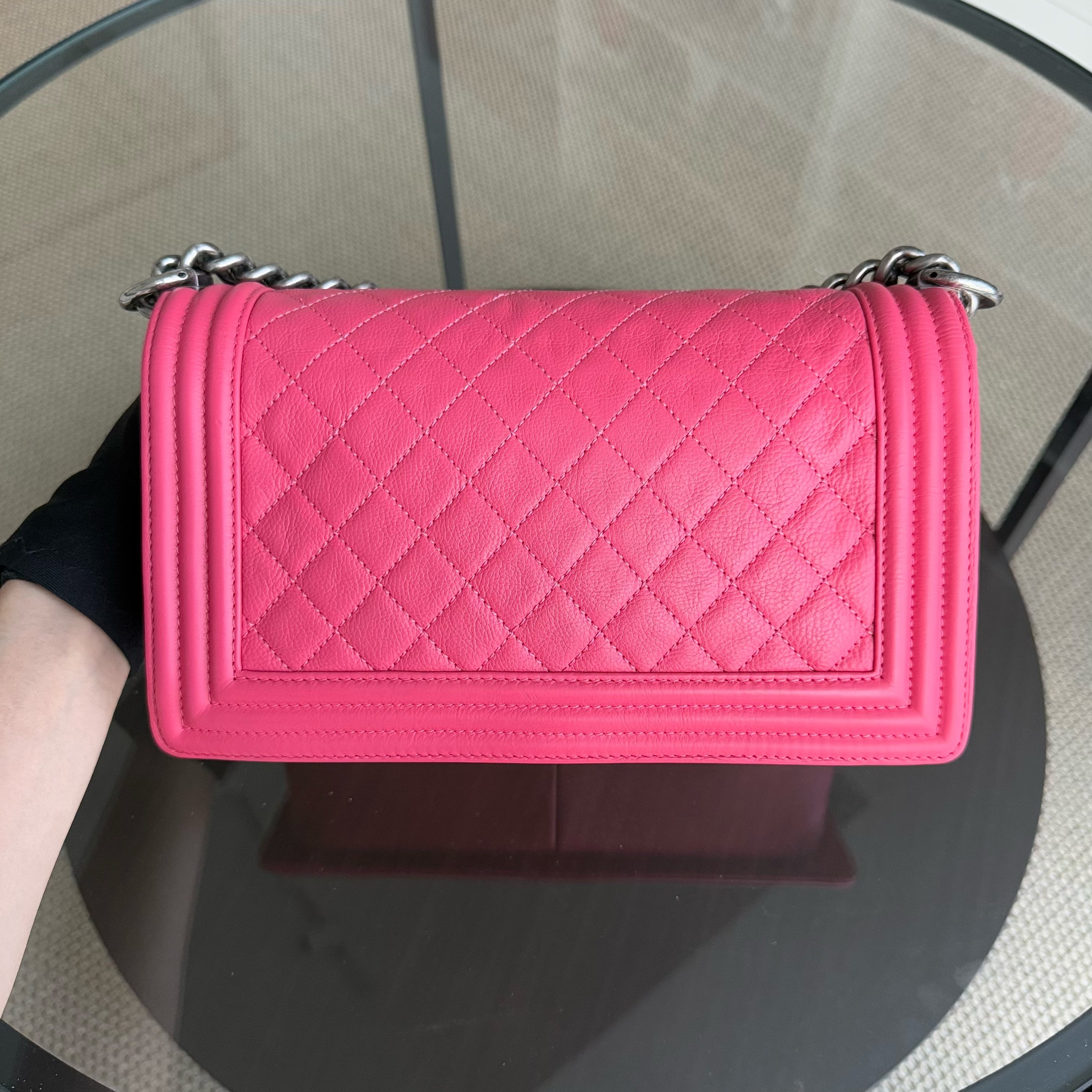 Chanel Boy Medium - 25CM Calfskin Quilted Hot Pink Ruthnium Silver Hardware Series 17