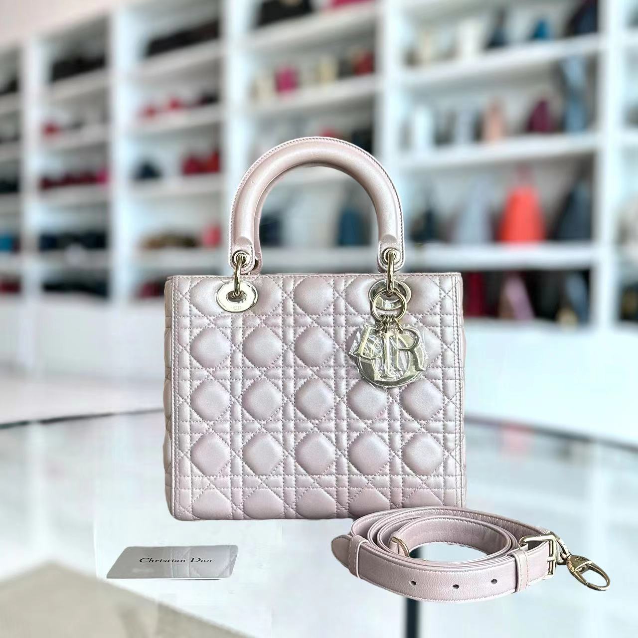 *Adjustable strap* Dior Lady Medium Cannage Lambskin Iridescent Sakura Pink GHW - Luxury Evermore